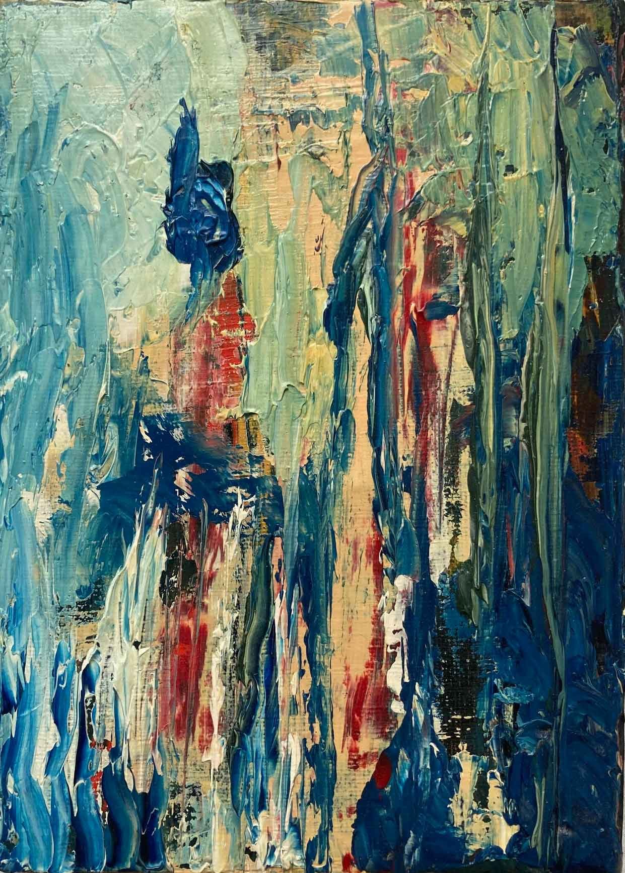 Abstract painting with vertical brushstrokes in shades of blue, green, red, beige, and black.
