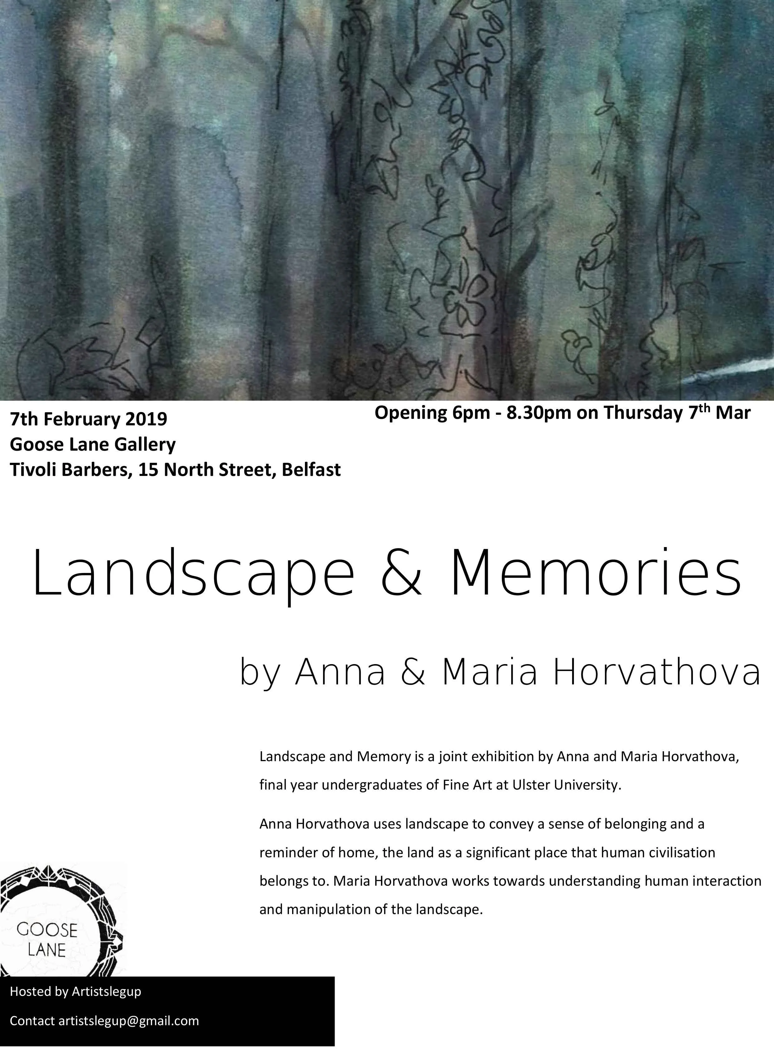 Exhibition poster for 'Landscape & Memories' by Anna & Maria Horvathova, held at Goose Lane Gallery, Belfast, opening on March 7, 2019. The poster features a textured, abstract background with a thin, black, continuous line drawing of two faces in profile.