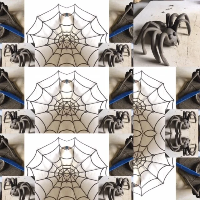 Patterned collage featuring a spider web and a 3D spider sculpture on a white surface.
