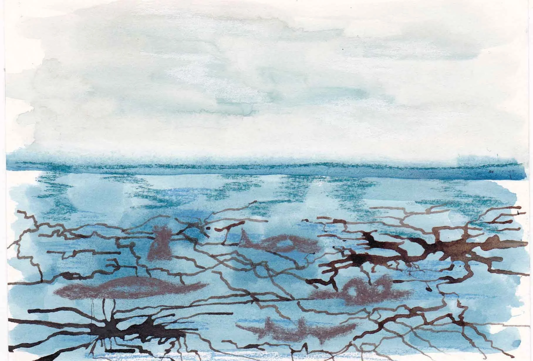 Watercolor painting of cracked ground with a blue and gray sky above.