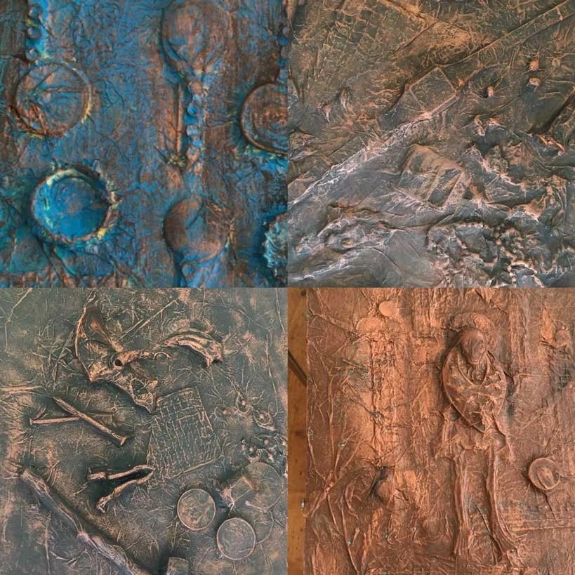 Collage of four fossilized prehistoric animal and plant remains embedded in rock surfaces.
