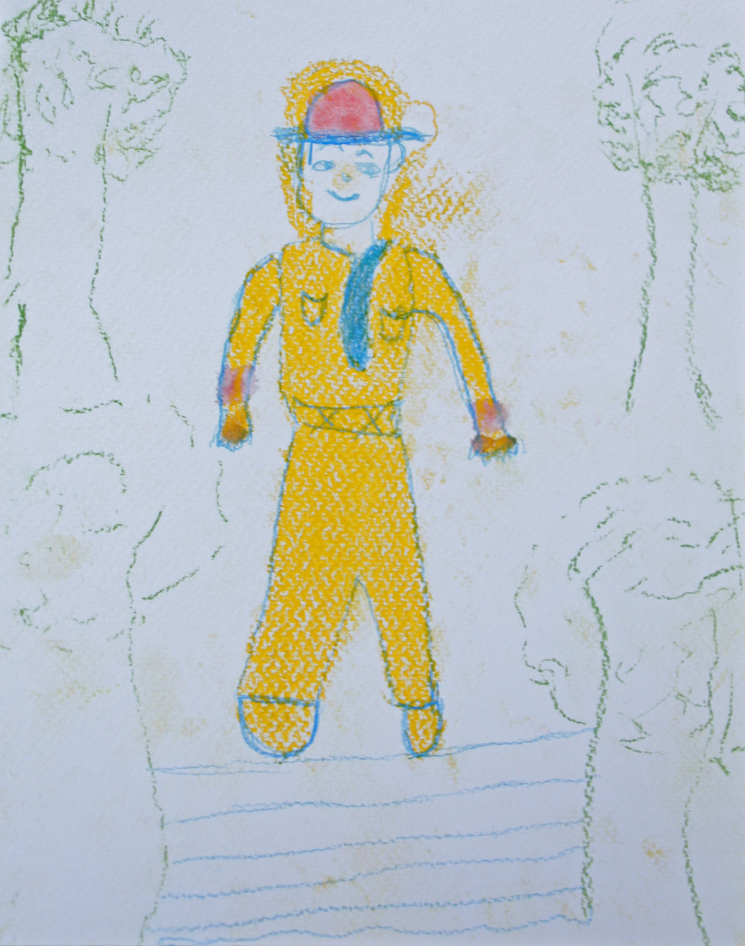Child's crayon drawing of a person standing on a set of stairs, wearing a yellow outfit and a blue hat with a red pom-pom on top, with trees on either side.