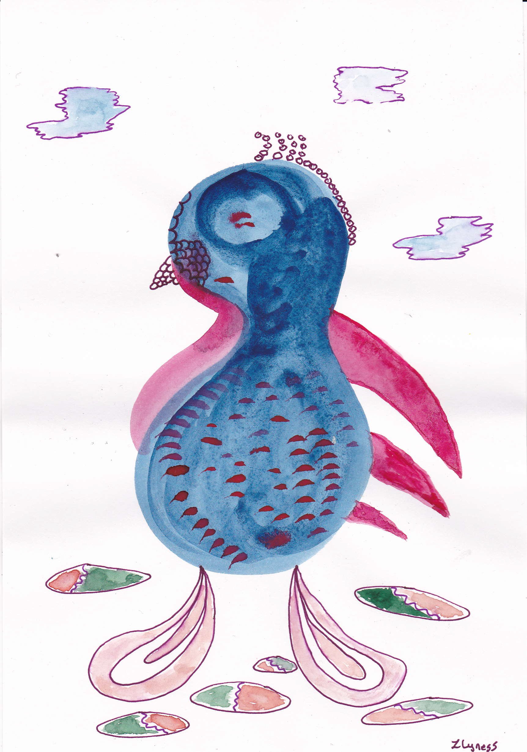 An abstract watercolor painting of a blue and pink bird with red fins, standing on a white background with four colorful patterned leaves or shells around it. The artist's signature is in the bottom right corner.