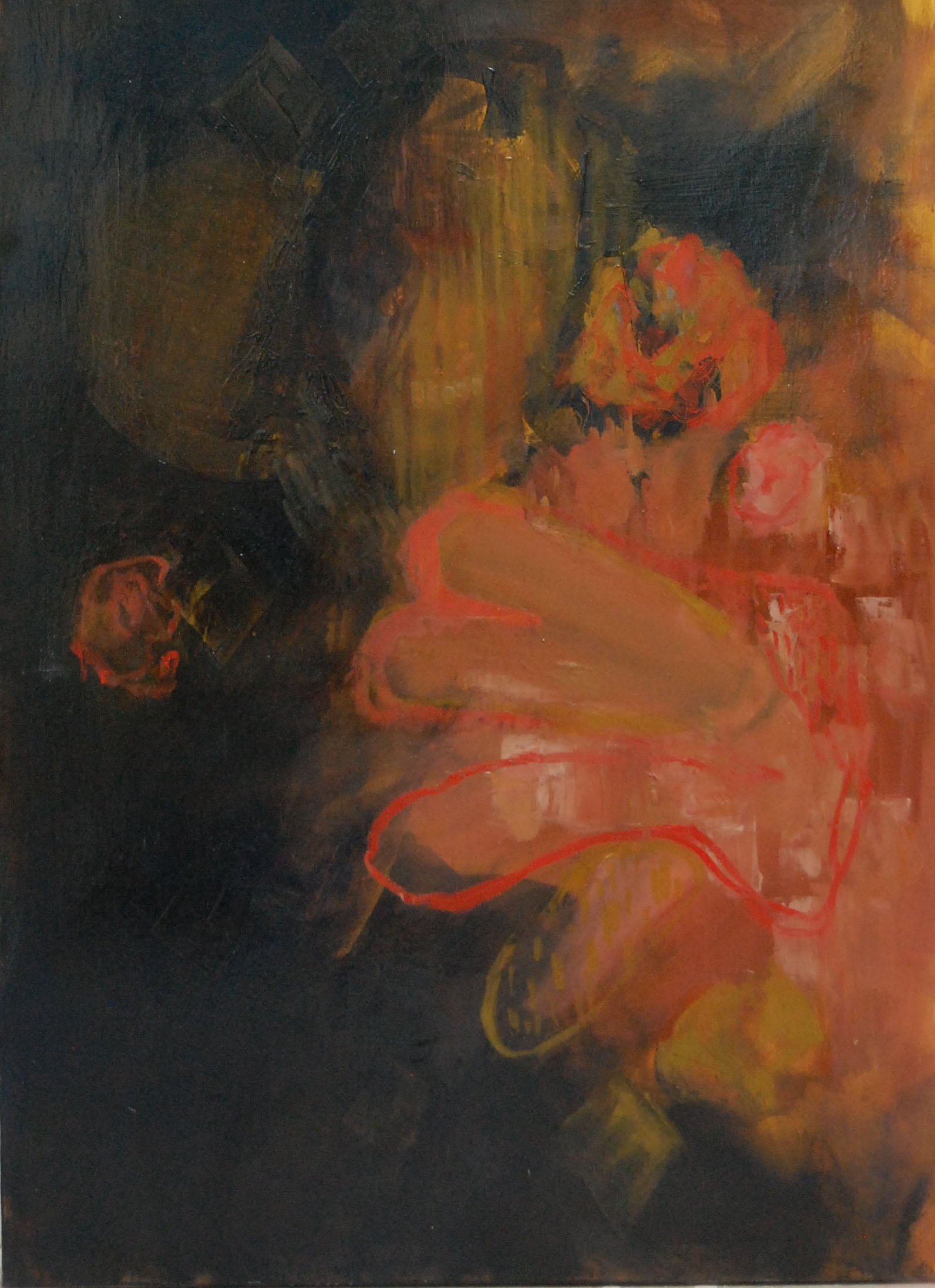 An abstract painting with dark, warm colors, featuring orange and red shapes and yellow outlines, with a black background.