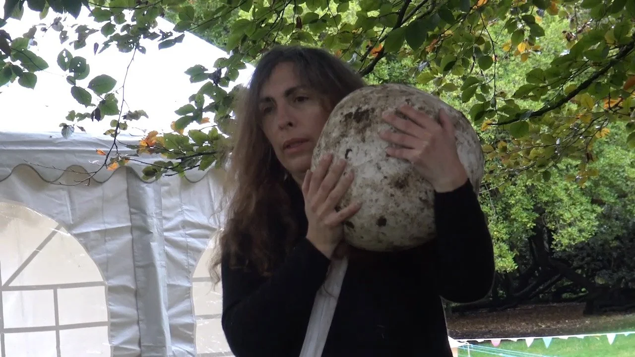A woman with long curly hair holding a large mushroom near her shoulder outdoors, with green leaves and a white tent in the background.