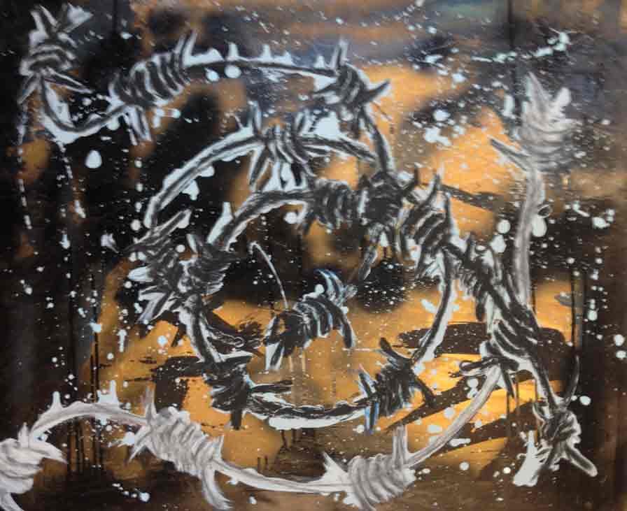 Abstract artwork featuring black and white streaks and splatters and barbed wire on a dark background with hints of gold.