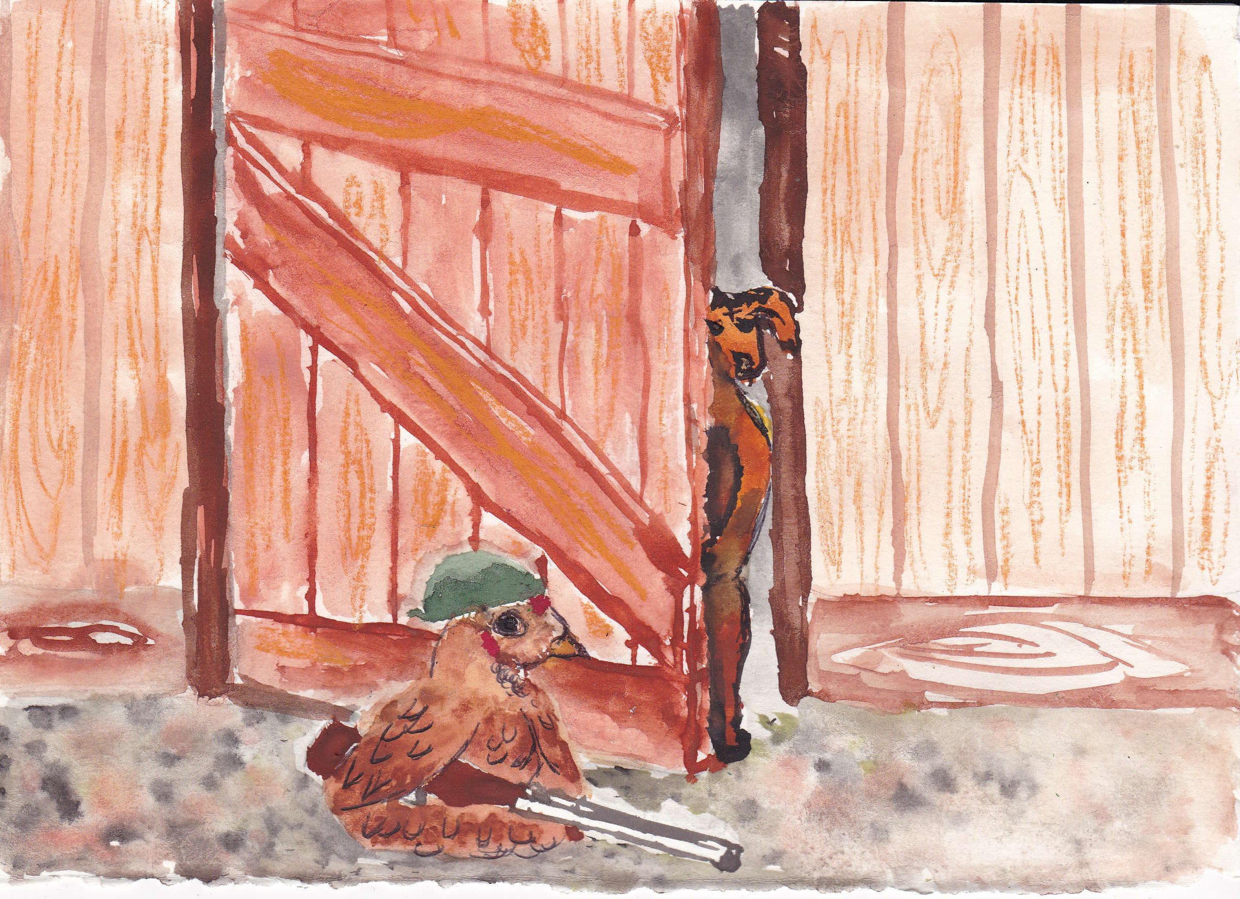 Watercolor painting of a brown and black hen standing under a pinkish-red wooden structure with vertical and diagonal lines, on a speckled grey and white ground.