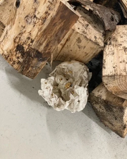 a sculpture looking like crumpled white paper sits on a gray surface with logs of wood nearby.