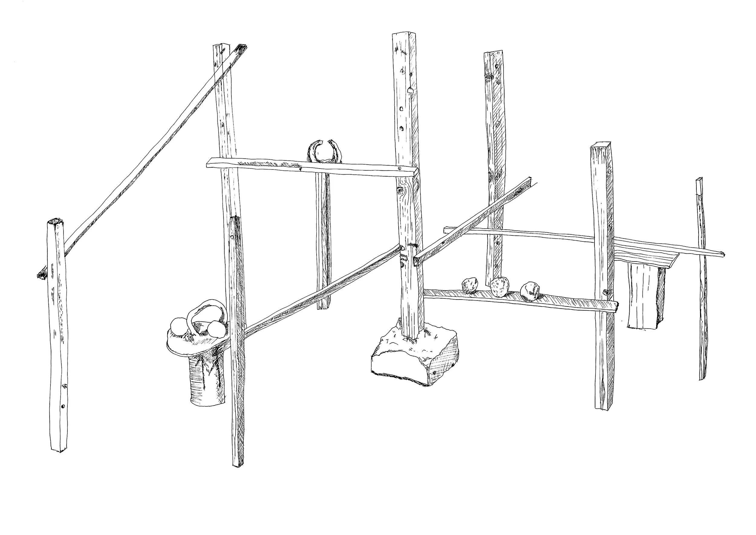 Hand-drawn sketch of a wooden construction with vertical posts, horizontal beams, rings, a bucket, rocks, and wooden planks.