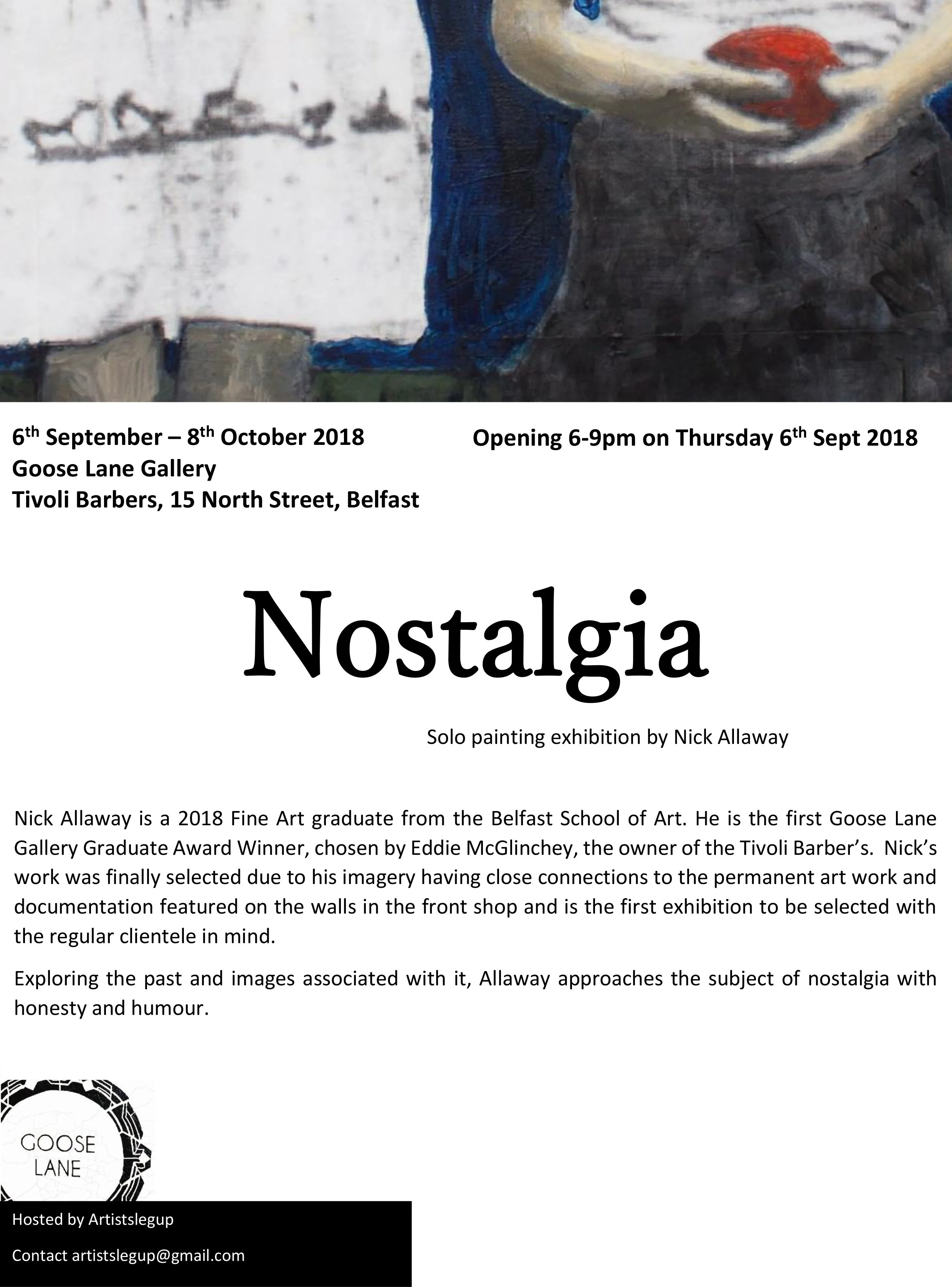 Exhibition flyer with opening times, location, artist information, a partial view of a textured painting, and a logo that reads 'Goose Lane'