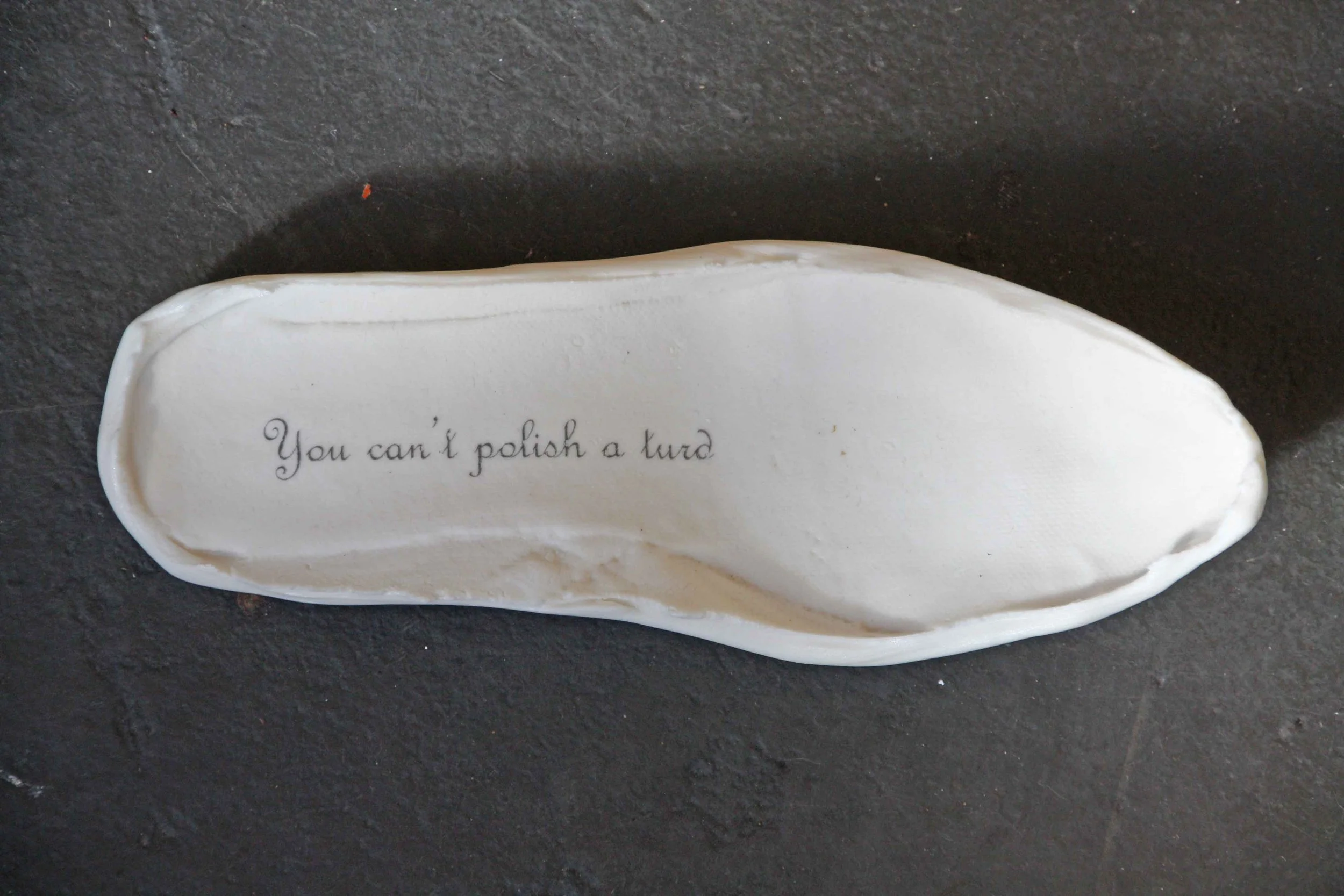 A white ceramic dish with the phrase 'You can't polish a turd' written inside, placed on a black surface.