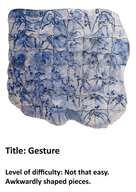 A fragment of ancient pottery with blue painted figures and scenes, featuring humanoid and animal shapes, titled 'Gesture'.