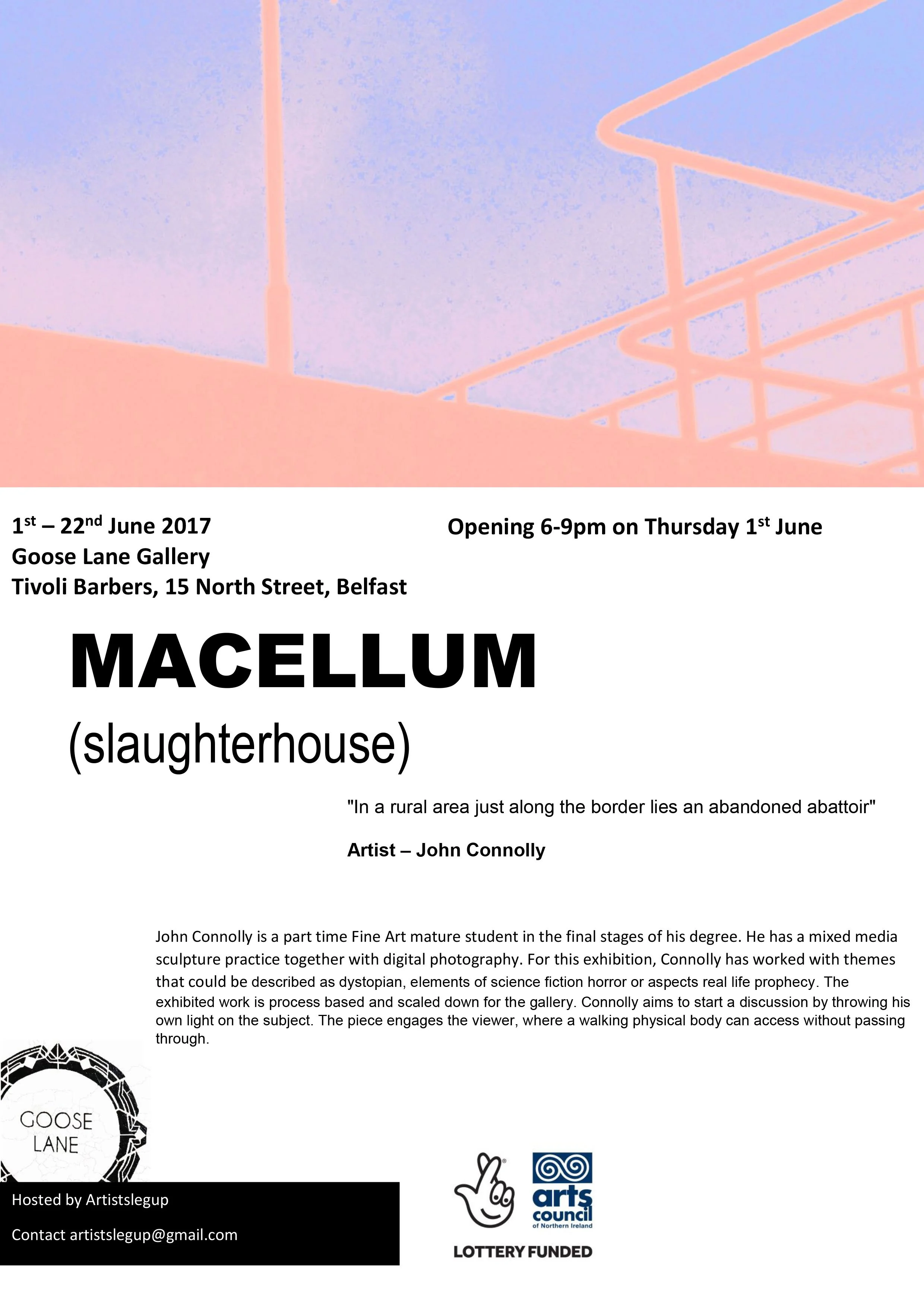 The image shows a poster for an art exhibition titled 'Macellum (slaughterhouse)' by artist John Connolly. The exhibition runs from June 1 to June 22, 2017, at Goose Lane Gallery, Belfast. The poster includes an abstract artwork featuring pastel colors and geometric shapes.
