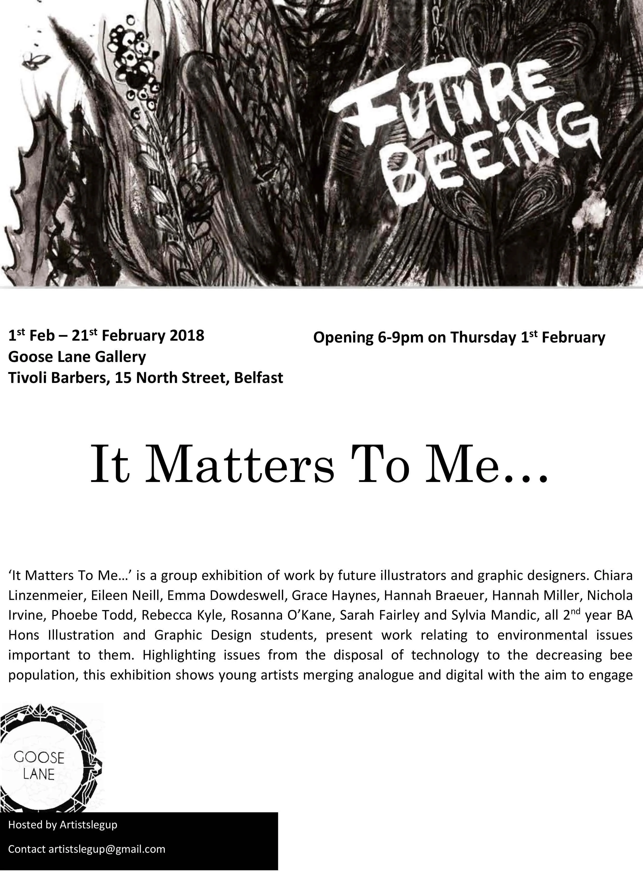 Black and white illustration with the words 'Future Brewing' and text explaining the exhibition 'It Matters To Me...' at Goose Lane Gallery, Belfast, with details about the exhibition and contact information.