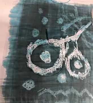 Abstract artwork featuring blue and white ink or paint with circular and organic shapes on a textured background.