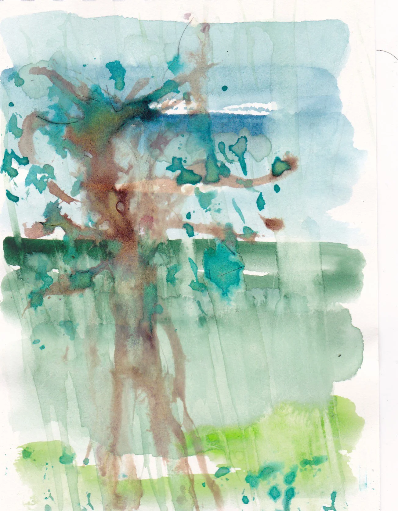Watercolor painting of a tree with a blue sky and clouds in the background, featuring shades of green, blue, brown, and hints of pink.