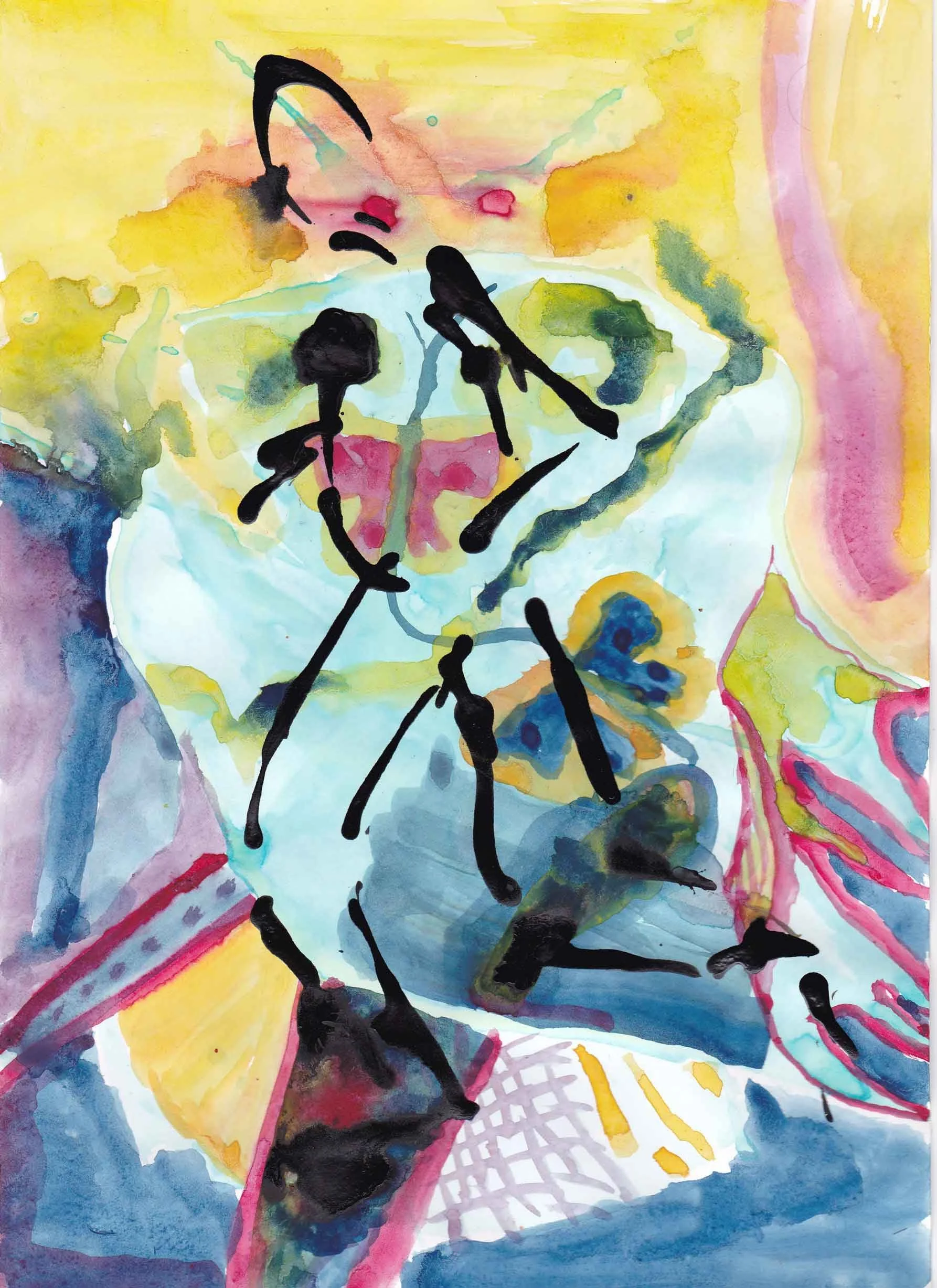 Abstract watercolor painting with a mix of pastel colors, featuring bold black brushstrokes, and hints of pink, yellow, green, and blue, creating a vibrant and dynamic composition.