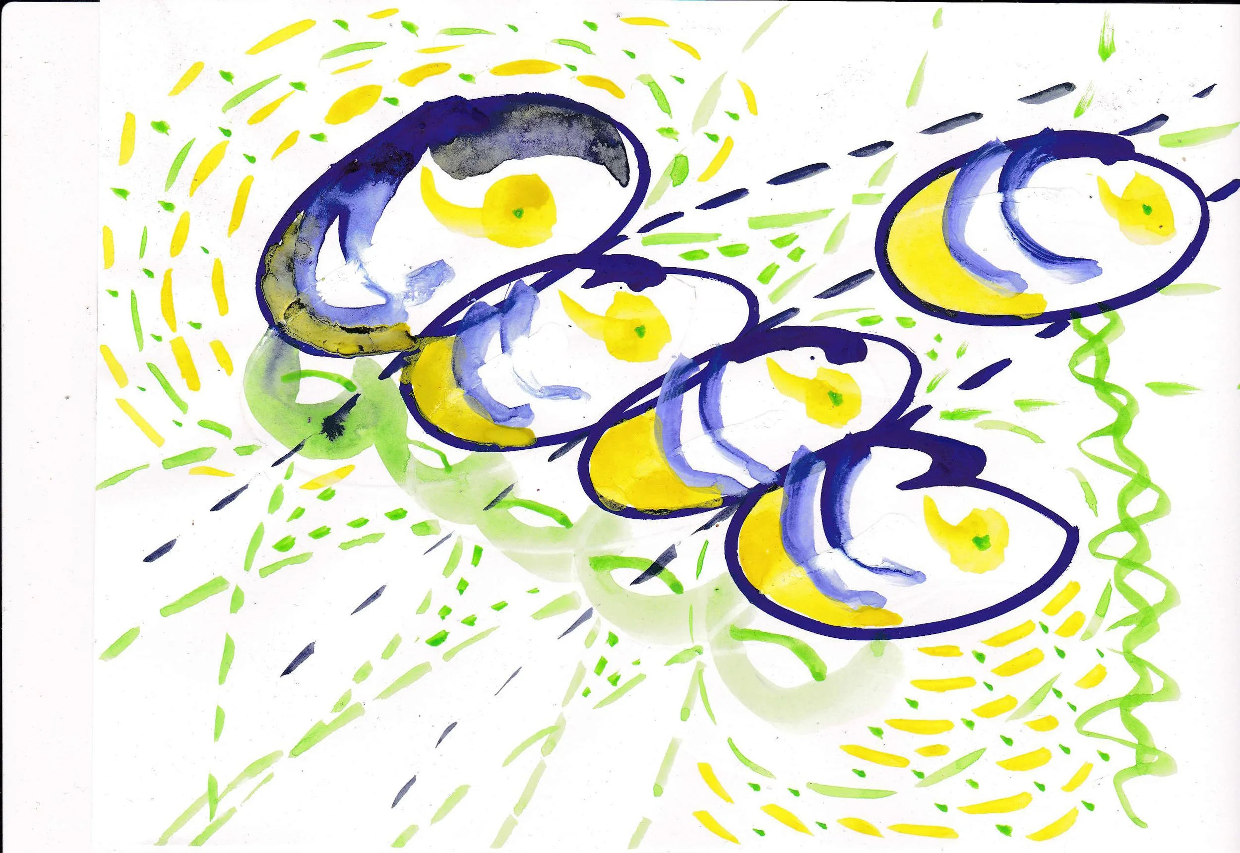 A colorful abstract watercolor painting of sliced lemons, with green and yellow streaks and dark blue outlines, on a white background.
