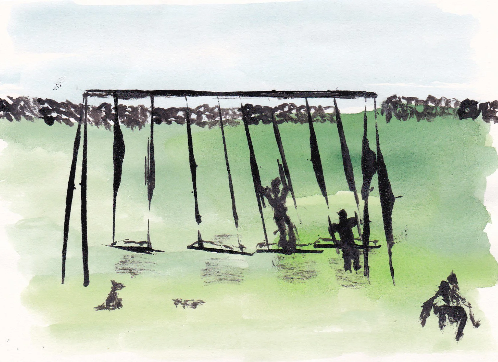 A watercolor painting of a playground with swings and children playing, set against a grassy landscape and a cloudy sky.