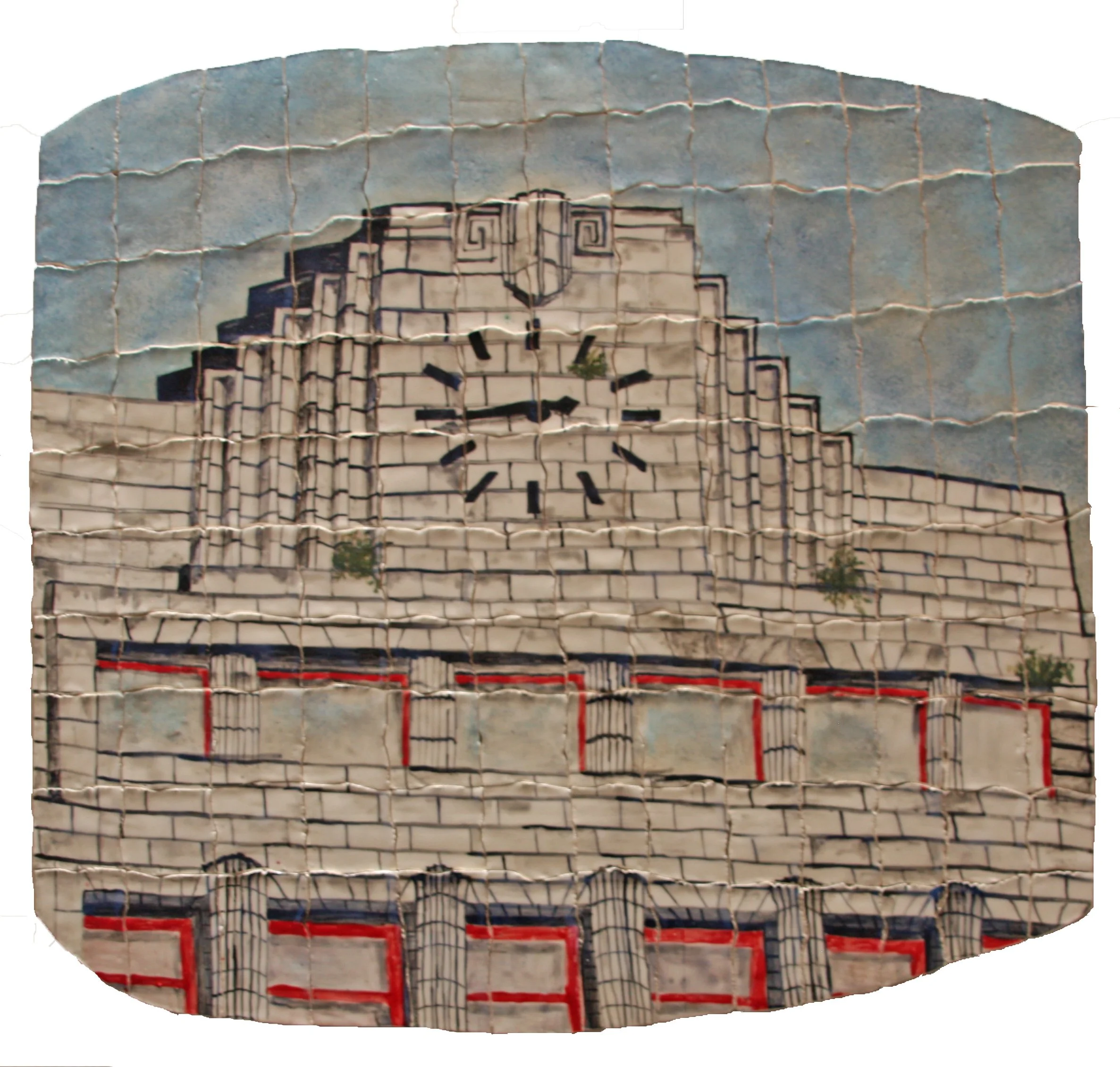 Ceramic jigsaw of a building clock on the oustide wall featuring black outlines and red accents, with a cloudy sky in the background.