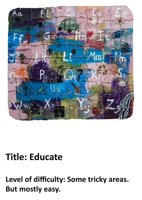 Colorful jigsaw puzzle featuring alphabet letters from A to Z, with various illustrations including a car, heart, bird, butterfly, and sunflower. The puzzle is titled 'Educate' and has a mostly easy difficulty level with some tricky areas.