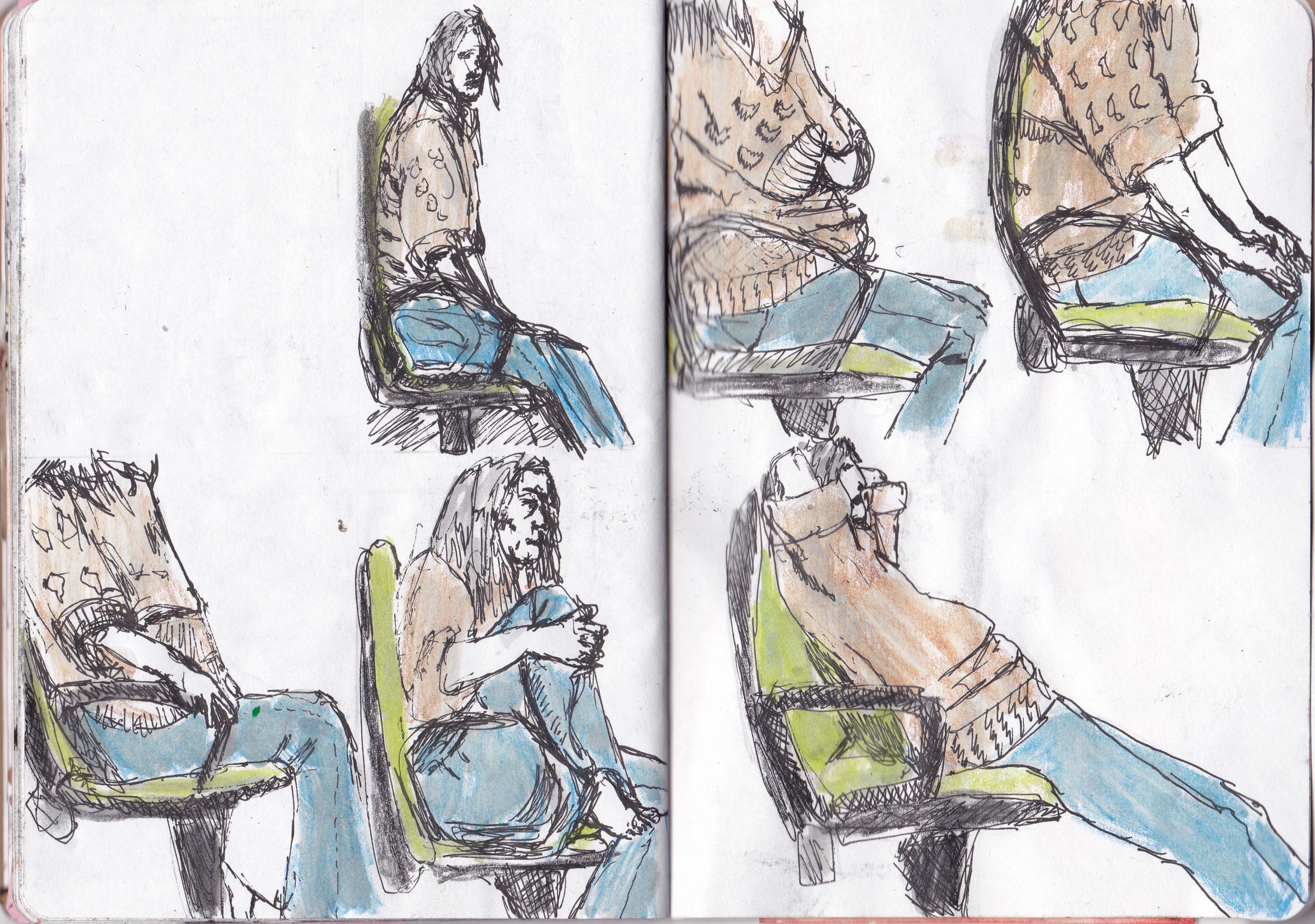 Sketch of people sitting on chairs, one person is using a laptop, and others are sitting in various relaxed poses, with some shown in profile.