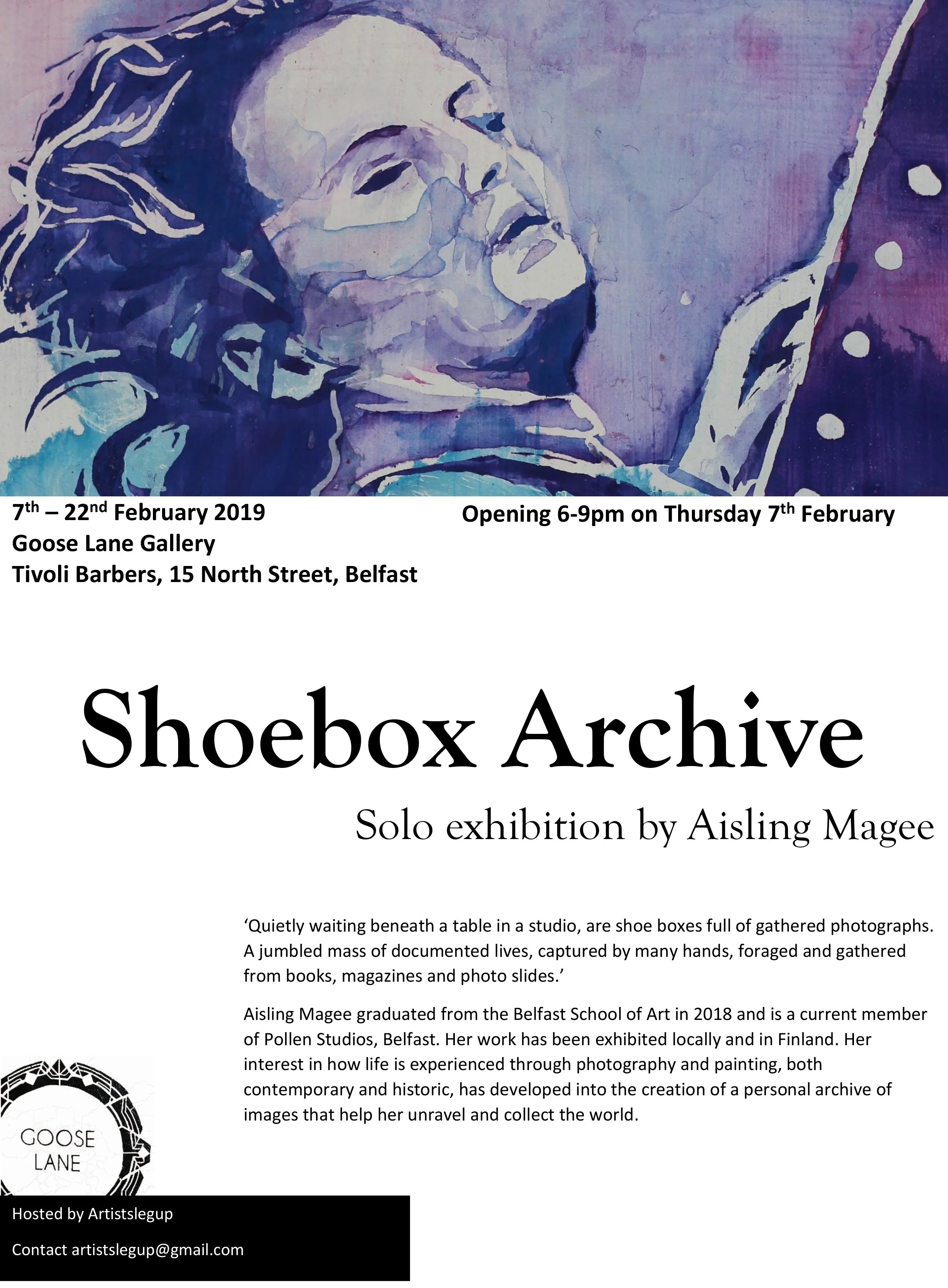 Announcement poster for an art exhibition titled 'Shelbox Archive' by Aisling Magee at Goose Lane Gallery, Belfast, from February 7th to 22nd, 2019. The opening is on February 7th from 6-9pm. The poster features a watercolor-style portrait of Jesus Christ with a peaceful expression, and includes textual details about the event, the artist's background, and a description of her work.