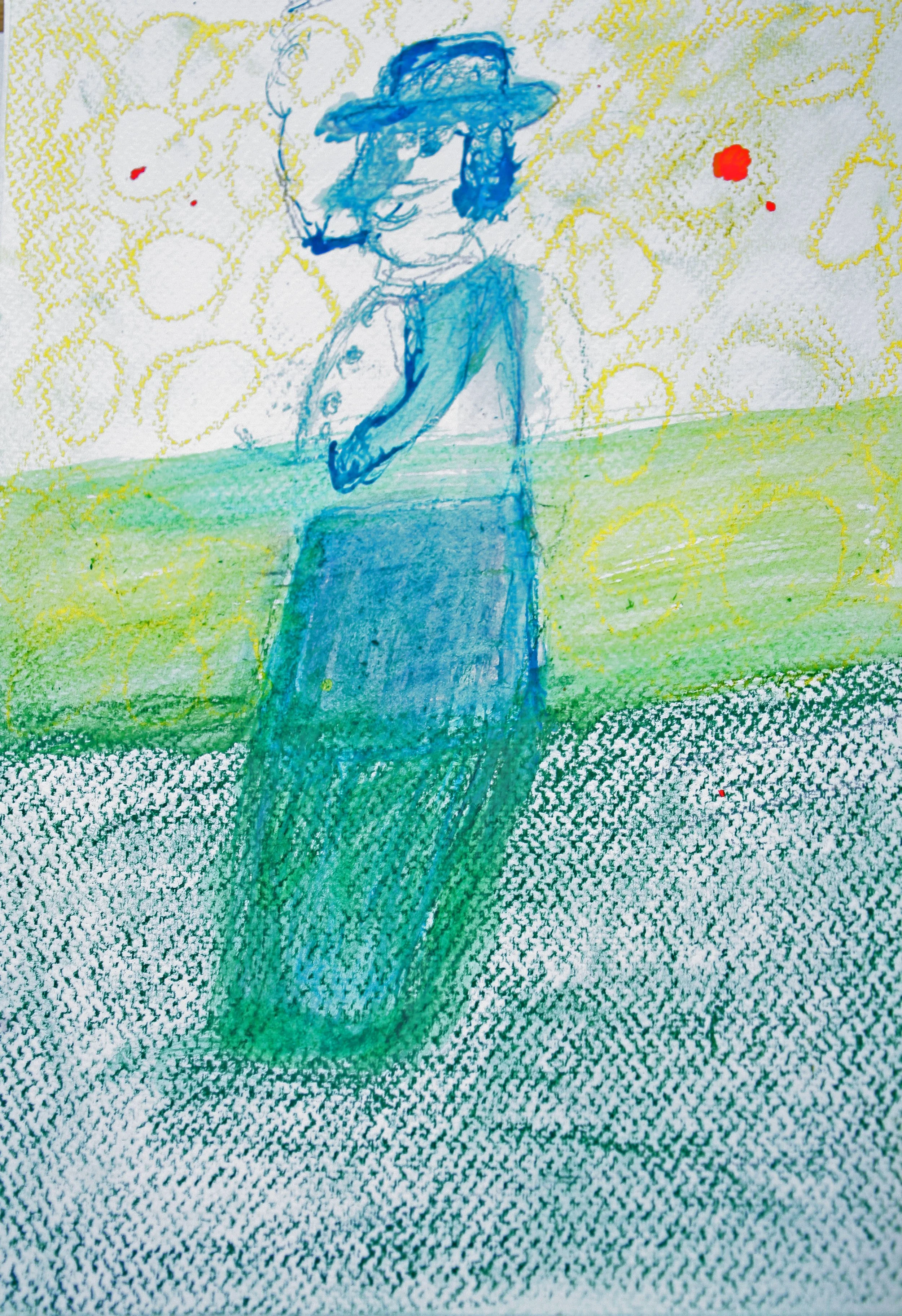 Child's drawing of a girl in a blue dress, green shoes, and wearing a large blue hat, standing on green grass, with a yellow background and red dots.