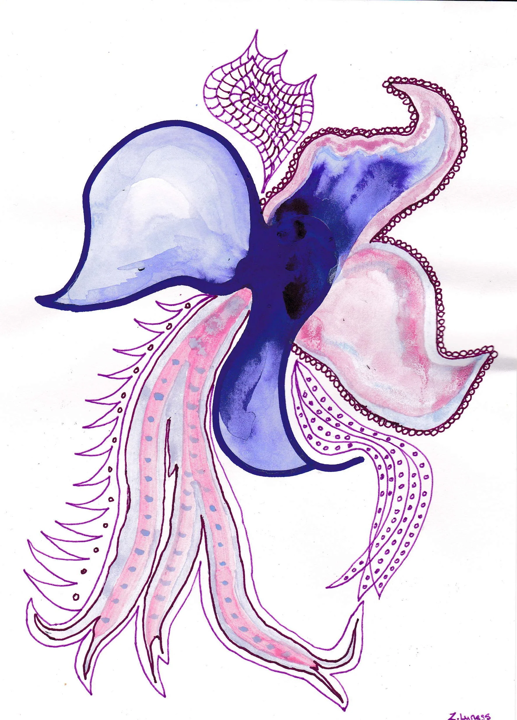 Watercolor painting of a large whale with long, flowing fins and tail, surrounded by purple and pink decorative elements with dotted and spiral patterns.