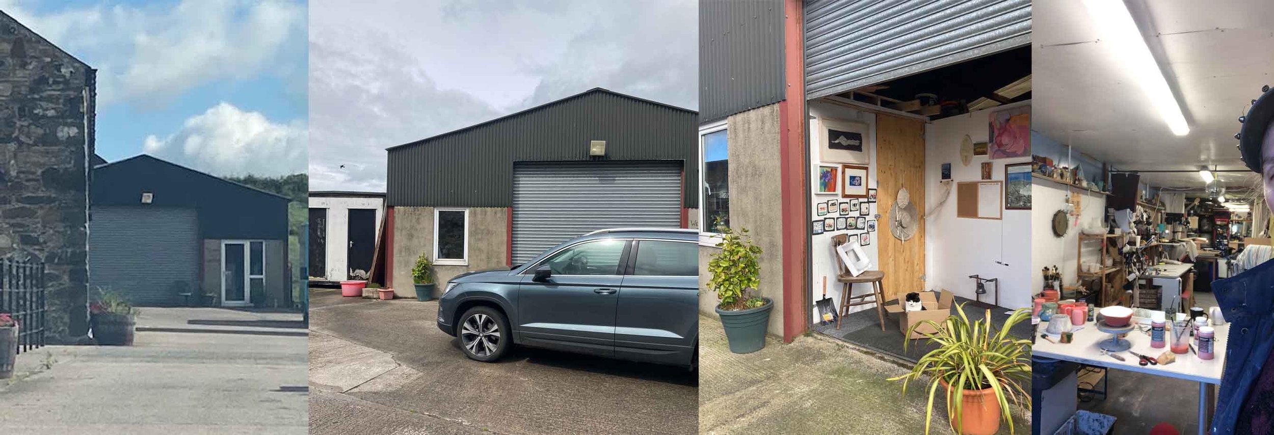 Sequence of four photos showing buildings and an indoor workspace. First photo: a small building with stone and wood exterior, a sliding door, and potted plants outside. Second photo: a garage with a black metal roof, a small window, and a parked gray car. Third photo: view of a building with a garage door, a small window, potted plants, and artwork on the wall. Fourth photo: interior of a workspace with tables, shelves, and various art supplies and objects.