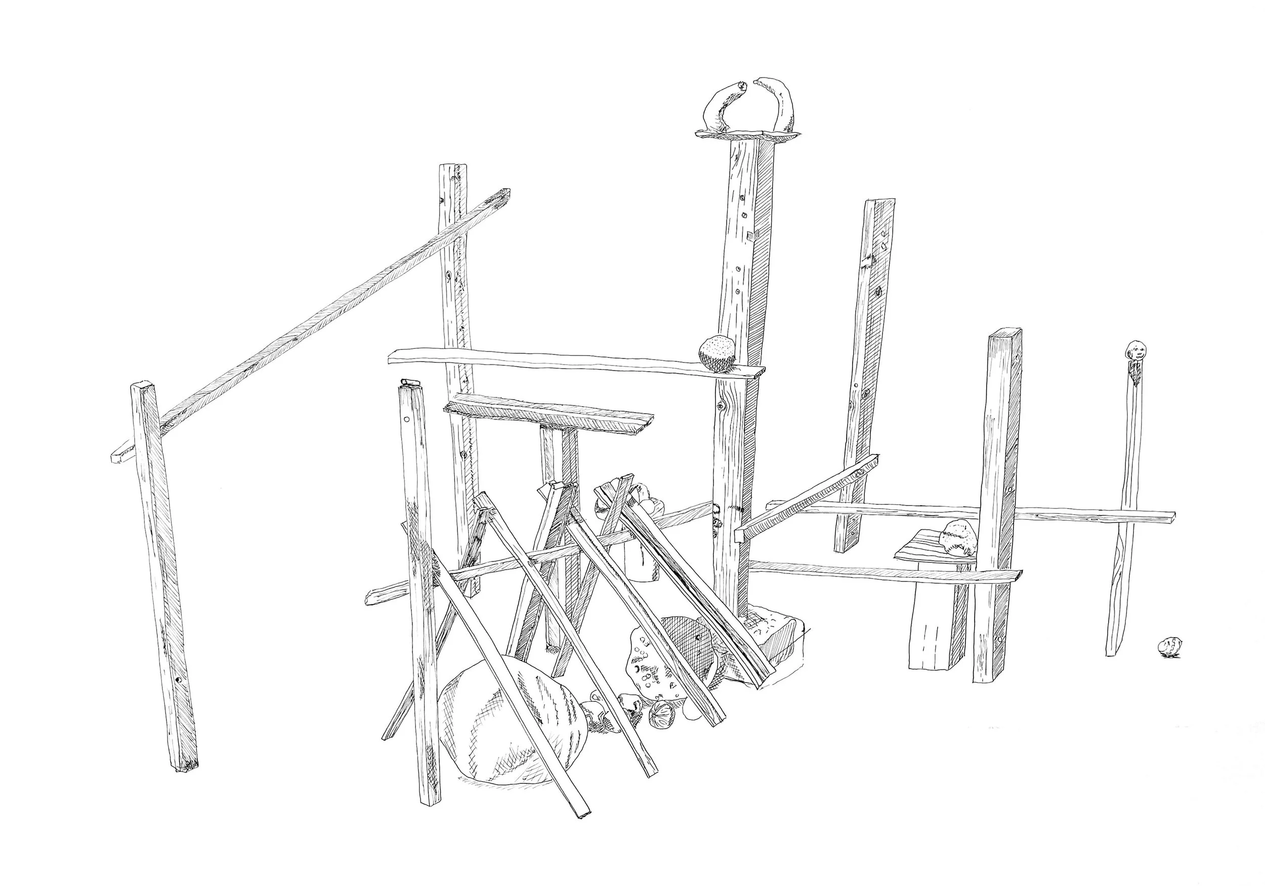 A sketches of a wooden playground structure with slides and beams, small objects and a person silhouette on the right.