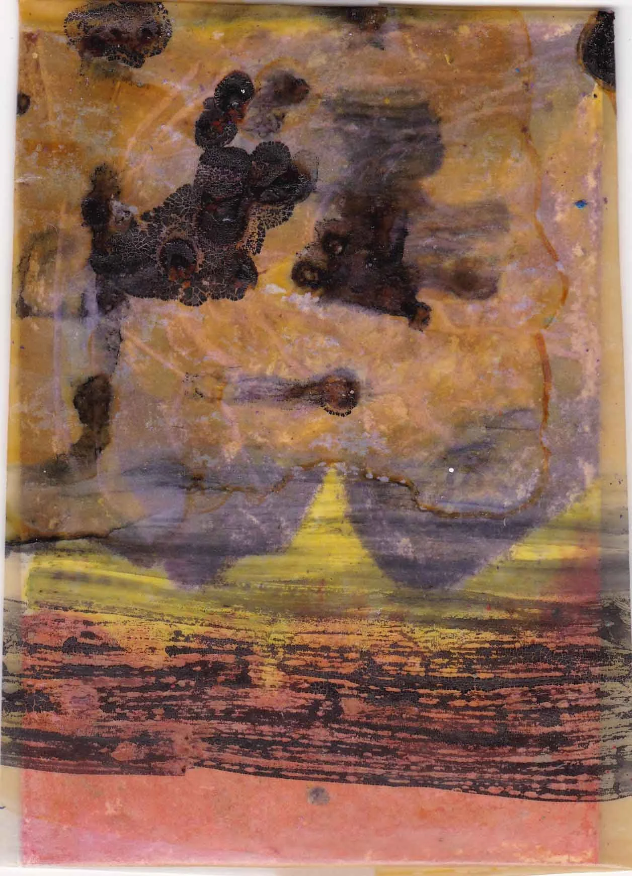 Abstract artwork featuring dark, cloud-like shapes, with a yellow triangle and a textured background of mixed warm colors, resembling a sunset over water.