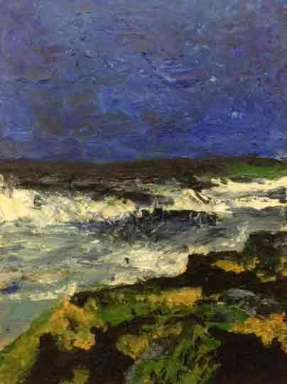 Impressionist painting of an ocean scene with waves crashing onto rocks and a blue sky above.