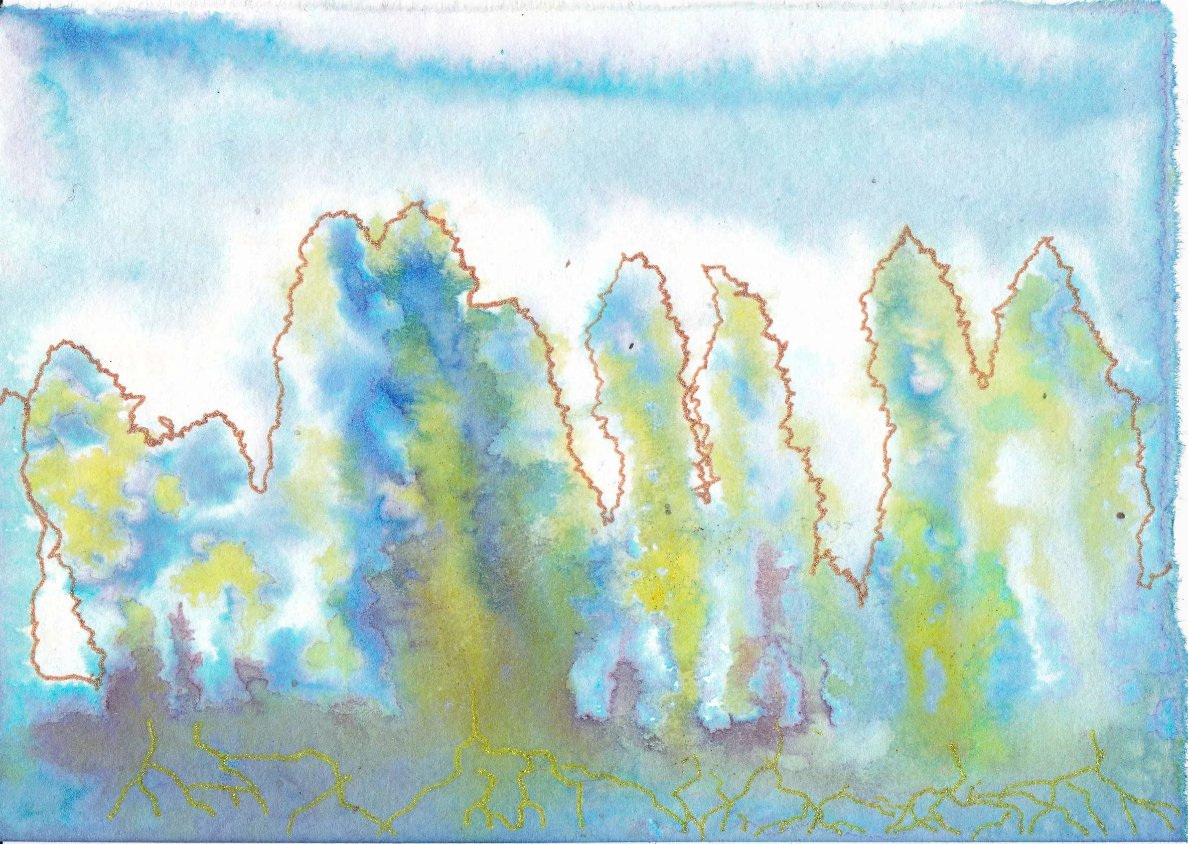 Watercolor painting of a mountain landscape with blue and green hues, with yellow and orange lightning bolts at the bottom.