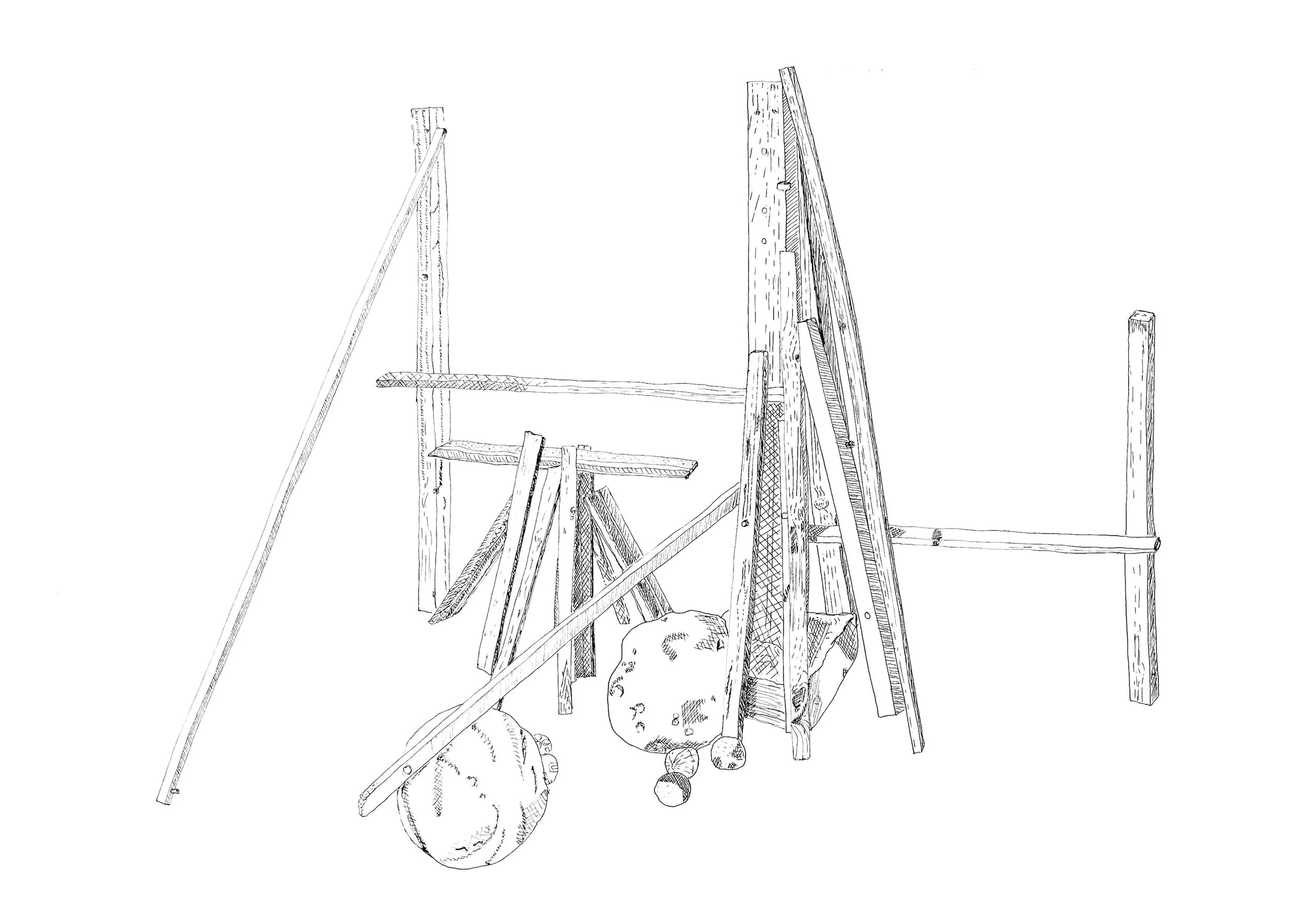 Sketch of wooden construction materials and tools, including wooden beams, planks, rocks, and a trowel.