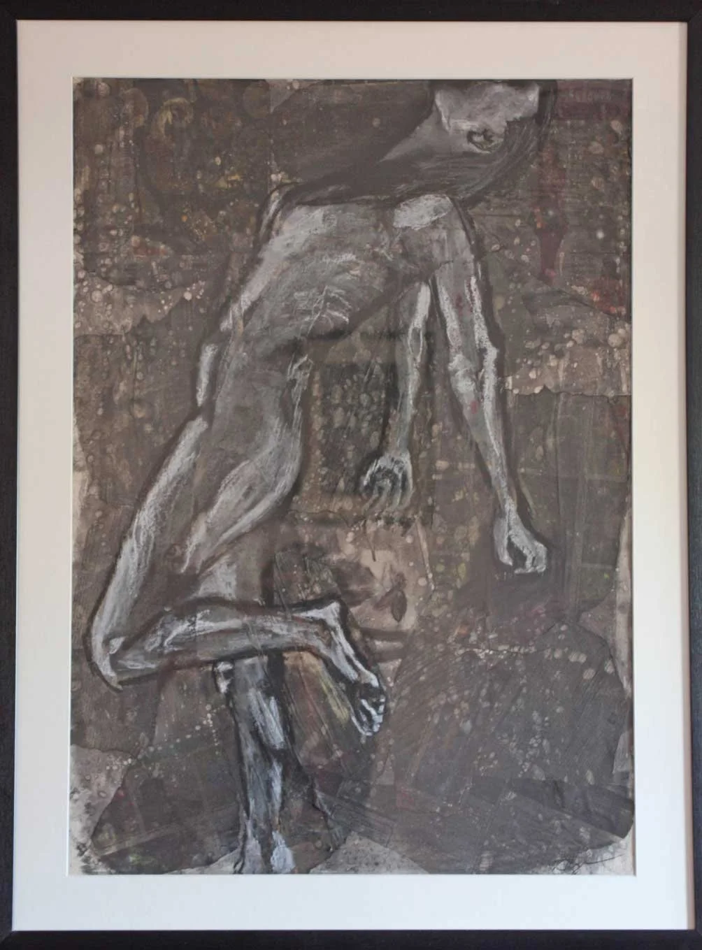 Framed artwork depicting a grayscale sketch of a seated nude woman with long hair, on a textured background.
