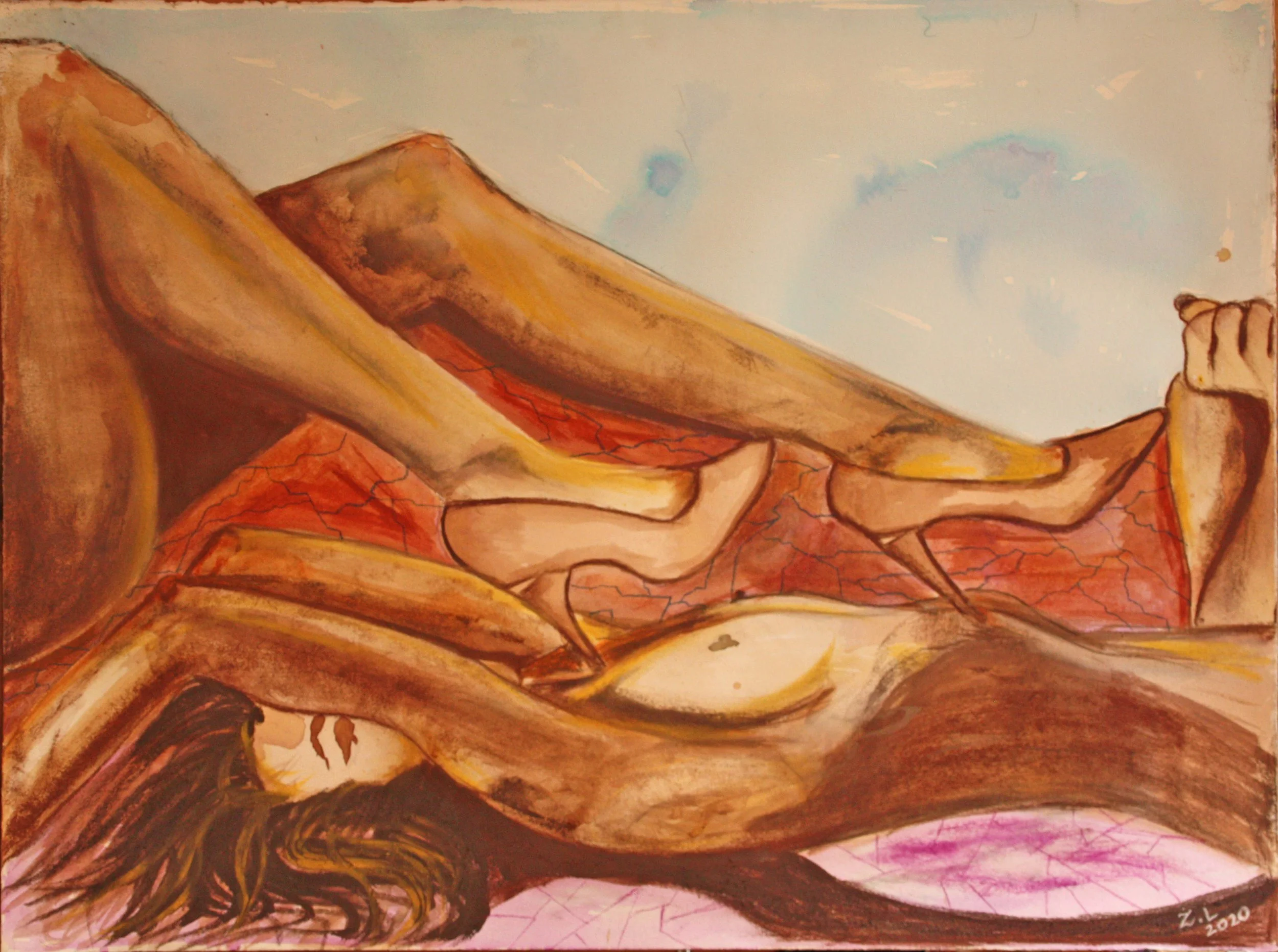 A pastel drawing depicting womens legs and body parts, standing on a patch of pink grass, with a mountain or hill in the background and a light blue sky with faint clouds.