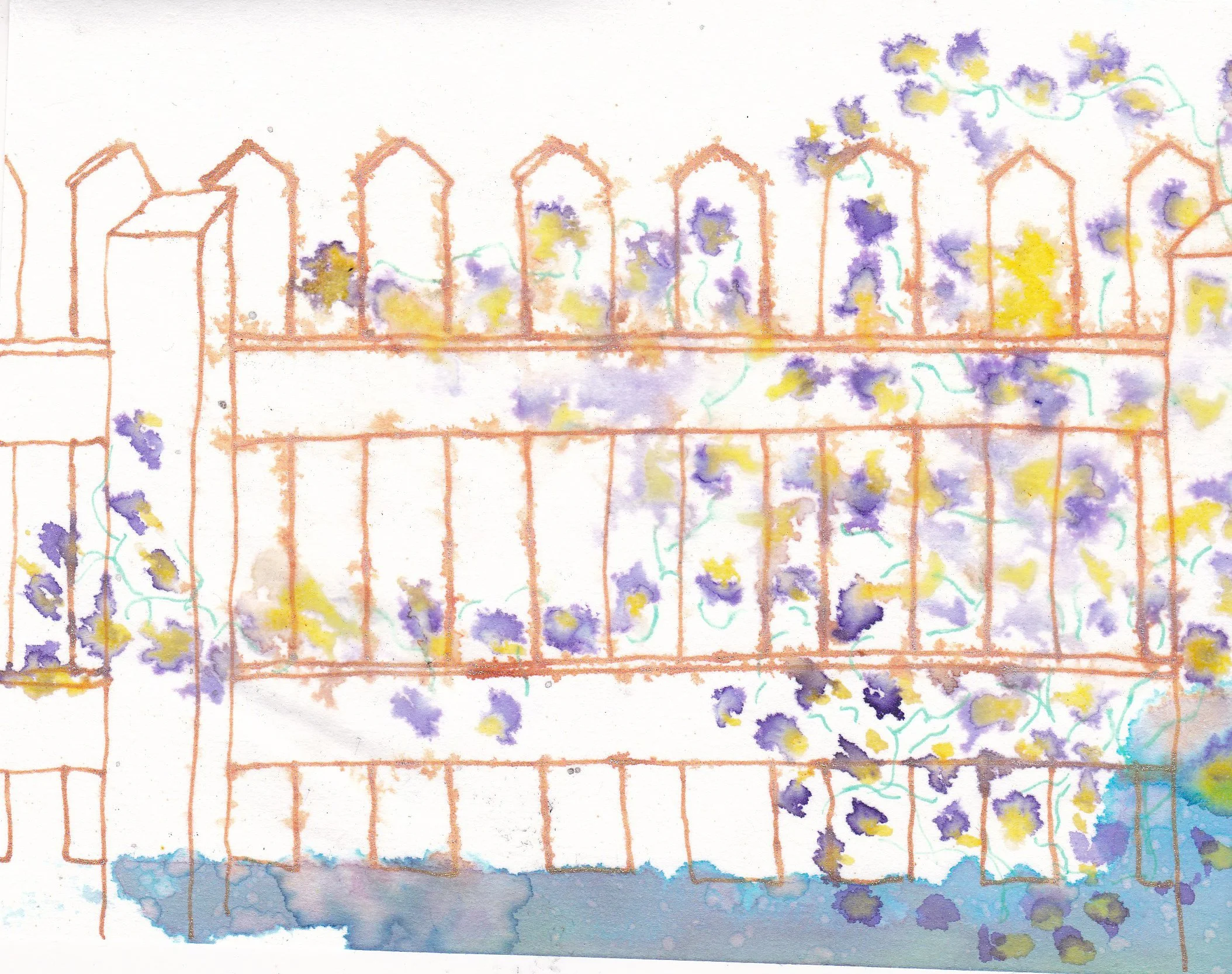 A hand-drawn sketch of a row of houses in orange outline with purple and yellow watercolor flowers and green vines above and below the houses.
