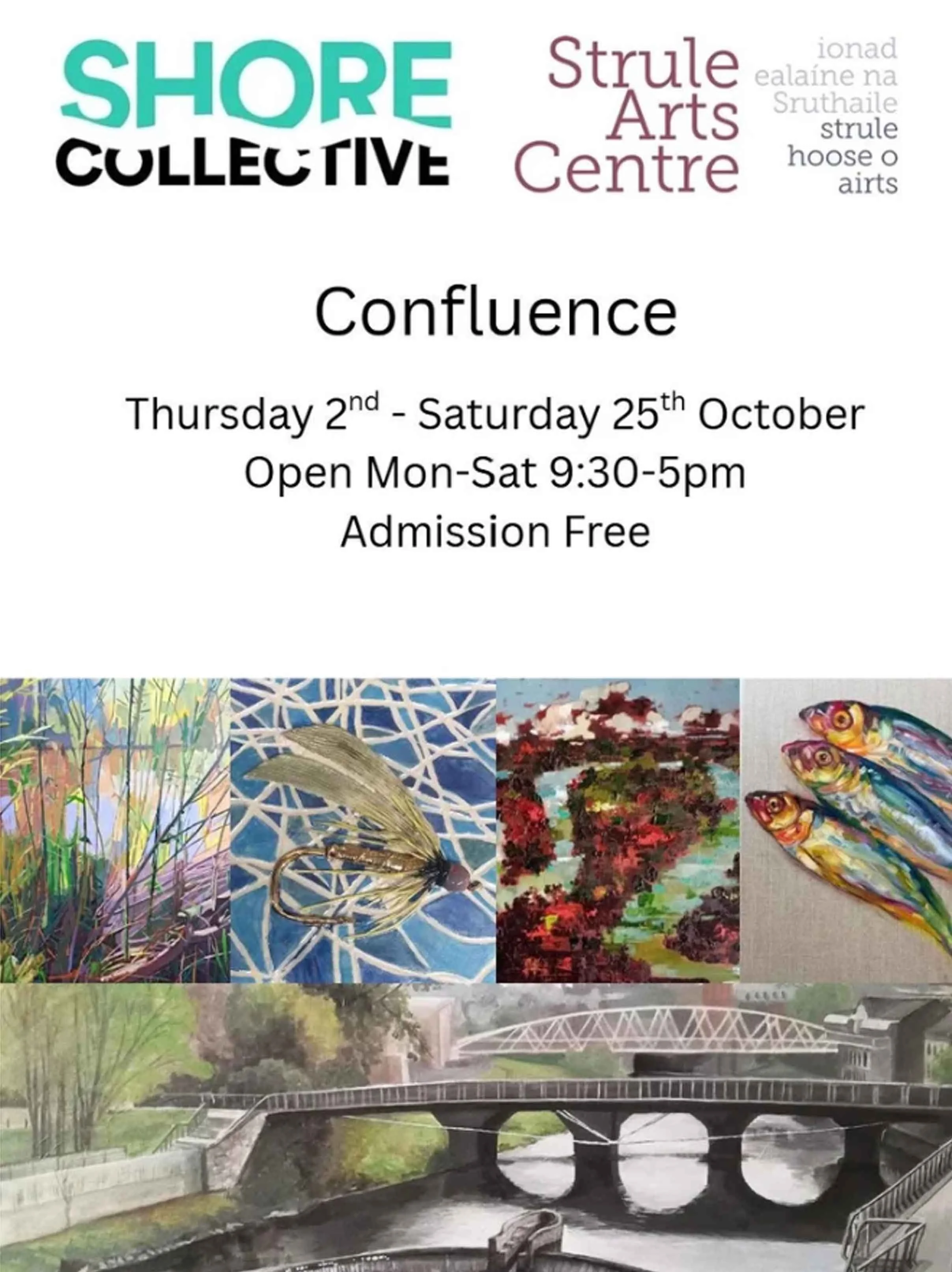 A collage of colorful artwork featuring nature scenes, butterflies, and abstract patterns displayed on a wall, with a photo of a bridge over water at the bottom.