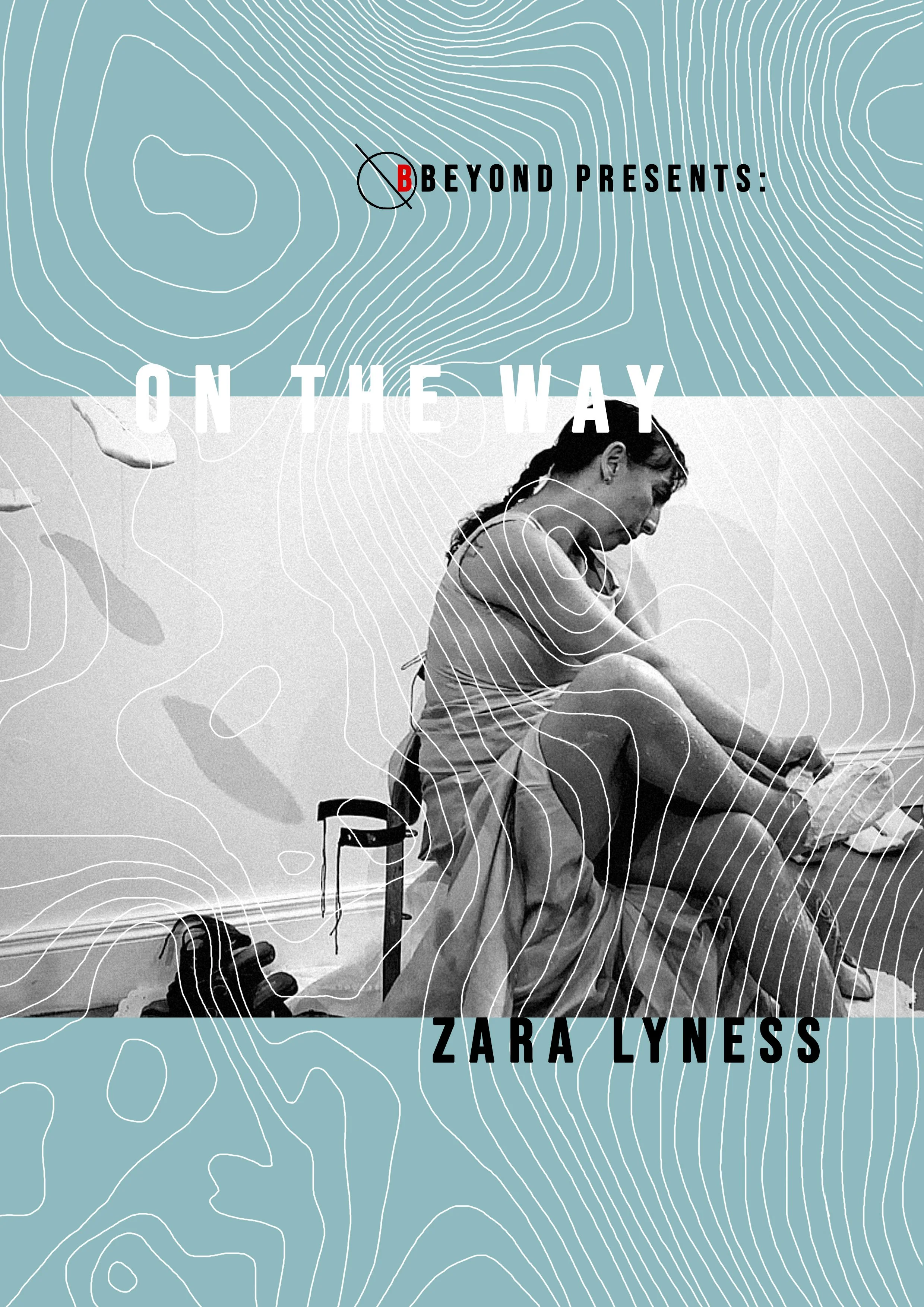 Book cover for 'On the Way' by Zara Lyness, featuring a black and white photo of a woman sitting on the floor, with text and topographical design elements.
