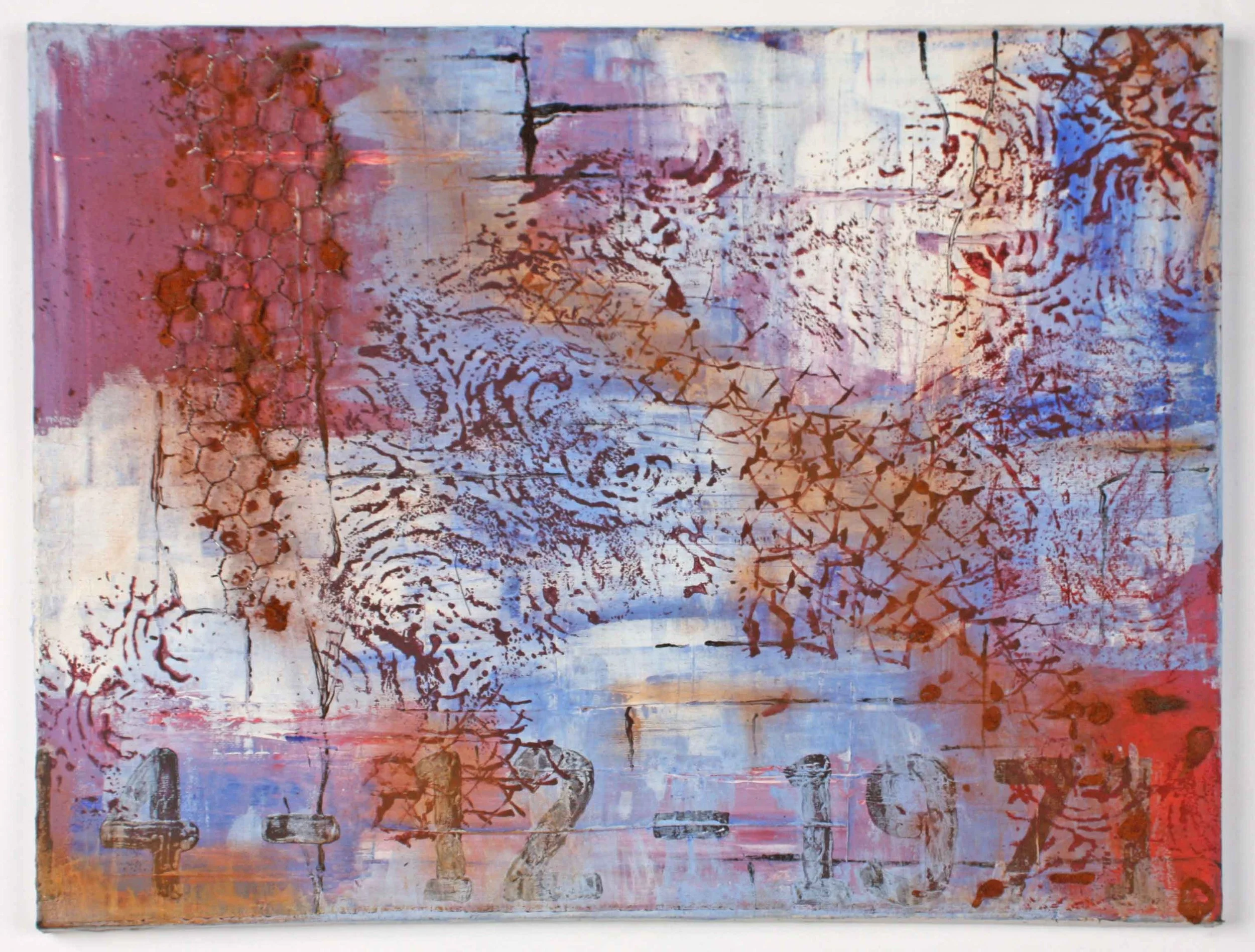 Abstract mixed media artwork with hexagon patterns, swirling textures, and splashes of pink, red, blue, and white colors.