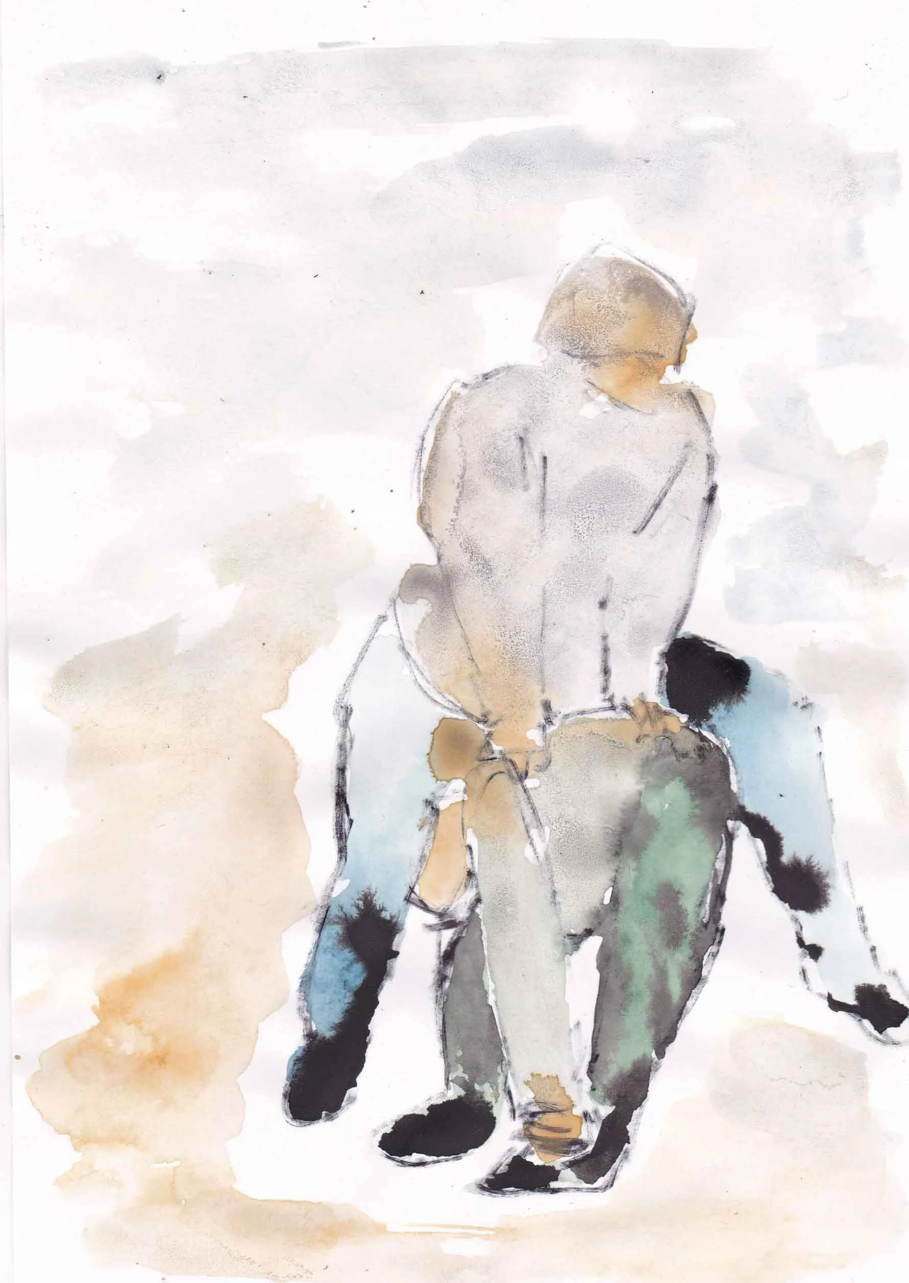 Watercolor painting of a person walking with a dog in a park.