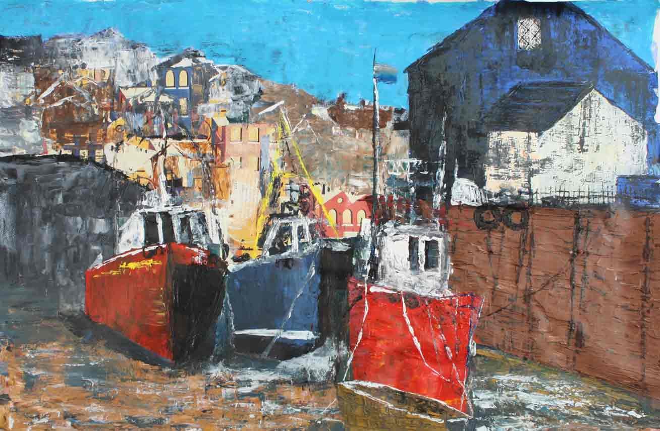 A colorful oil painting depicting a harbor with boats docked in front of houses on a hillside against a bright blue sky.