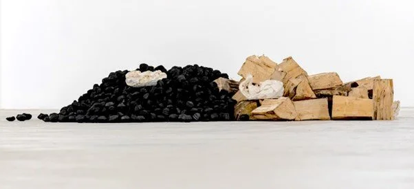 Pile of black coal, white porcelain objects and chopped wood on a white surface.