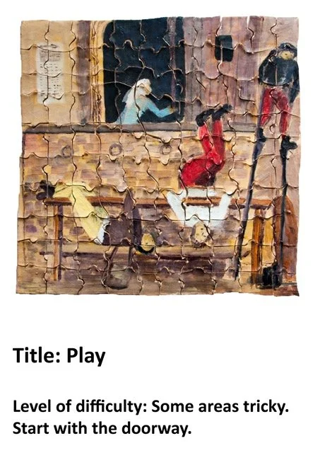 A wooden puzzle depicting three children playing outdoors, with one sitting at a table, one standing with a stick, and one painting on an easel.