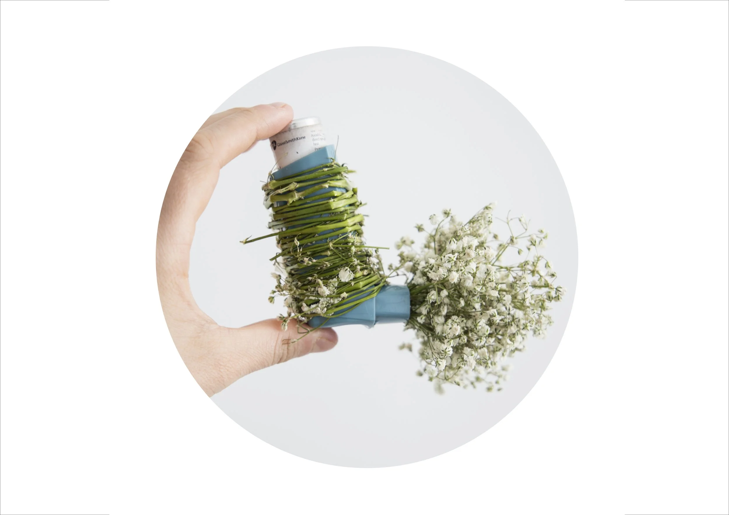 A hand holding a small bottle of medication directed toward a bundle of green herbs tied with string, next to a bunch of white flowers on a white background.