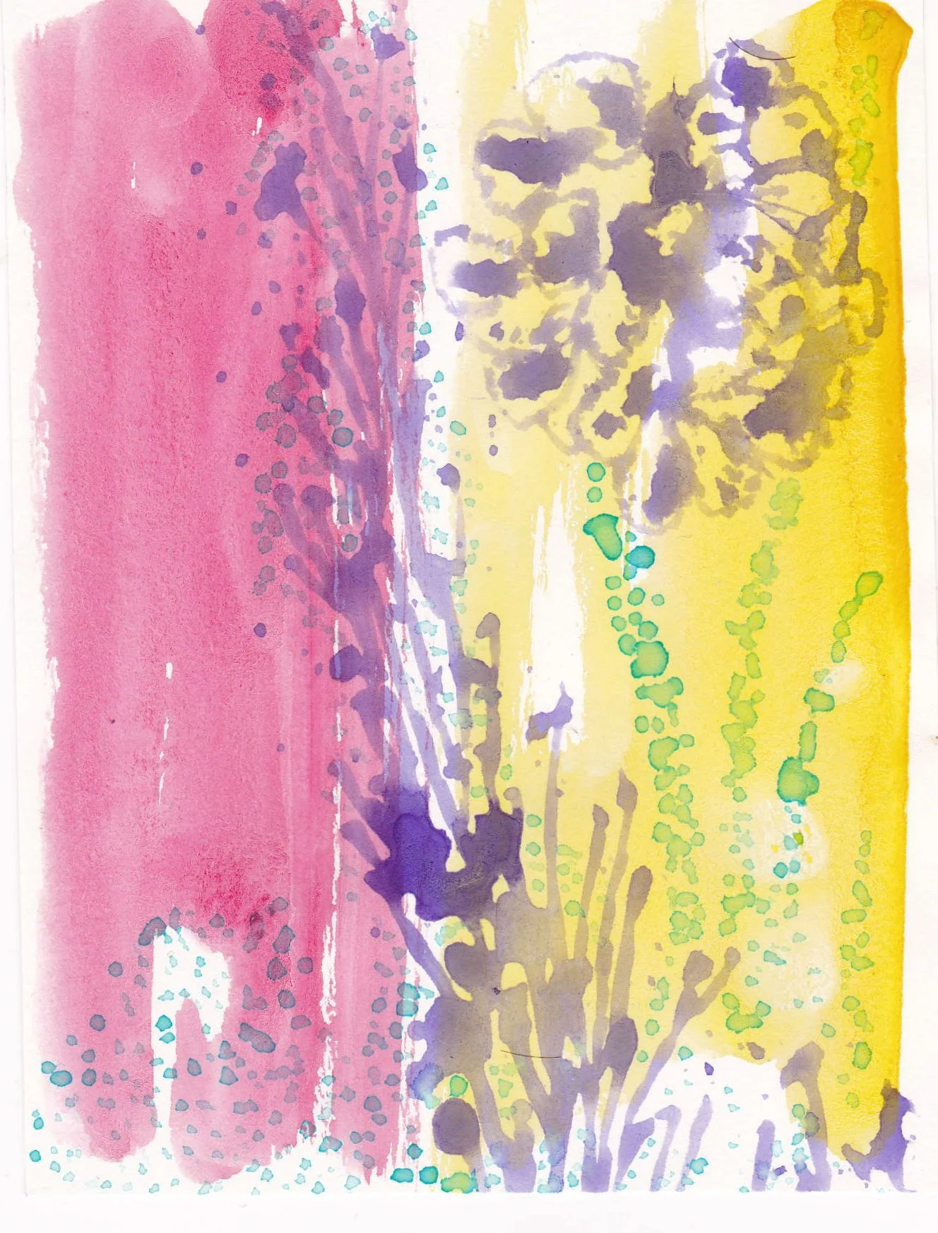 Watercolor painting of a landscape with pink and purple on the left, yellow and purple in the middle, and yellow and green on the right, depicting nature scenes with trees and sky.