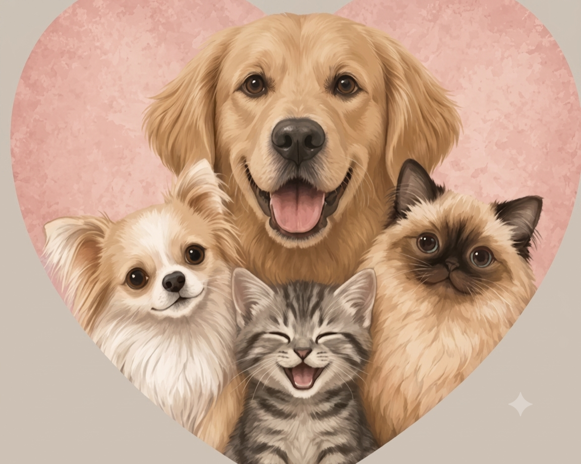 Illustration of a happy dog, two cats, and two small dogs inside a heart shape with a pink textured background.