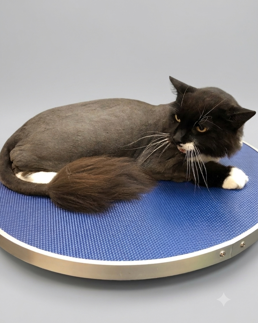 A black and white cat lying on a blue, textured platform against a plain, light-colored wall.