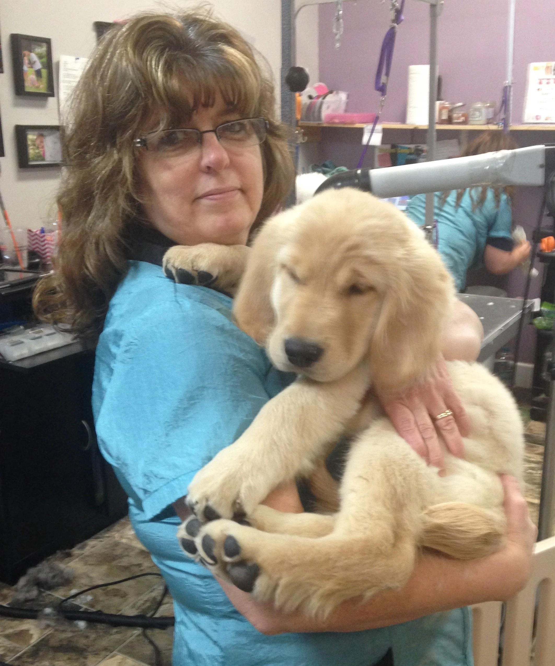 A woman with glasses holding a golden retriever puppy in her arms in a veterinary or grooming clinic.